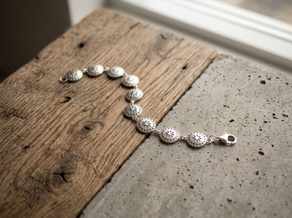 Silver-plated floral concho bracelet with linked round conchos