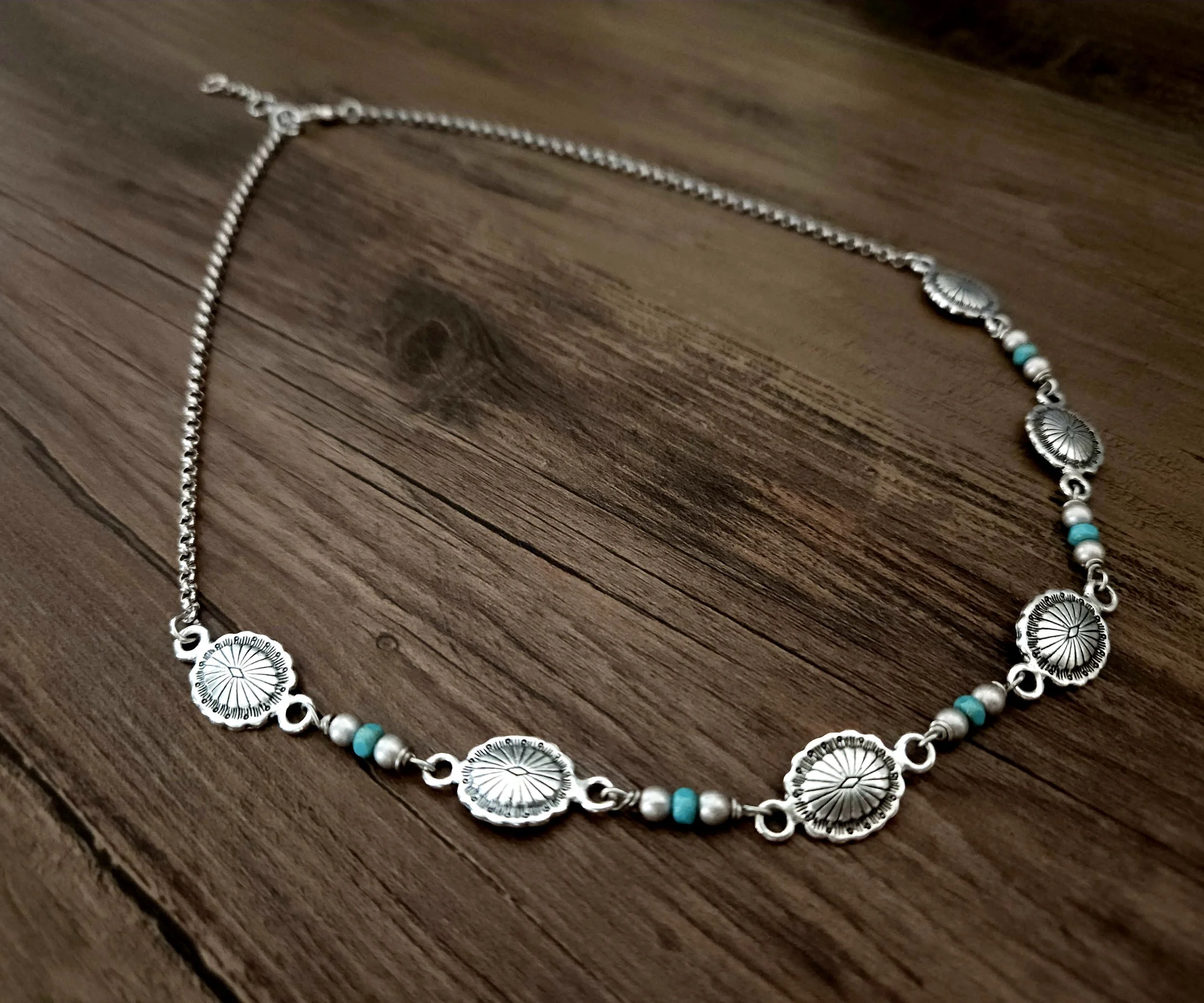 silver turquoise conchos beaded necklaces on a silver chain western wear