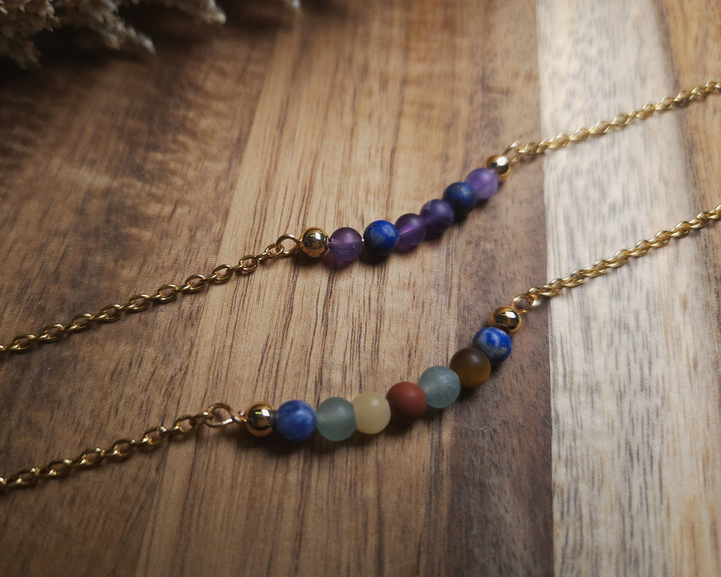 chakra bracelets that are stacked together to reflect the different elements