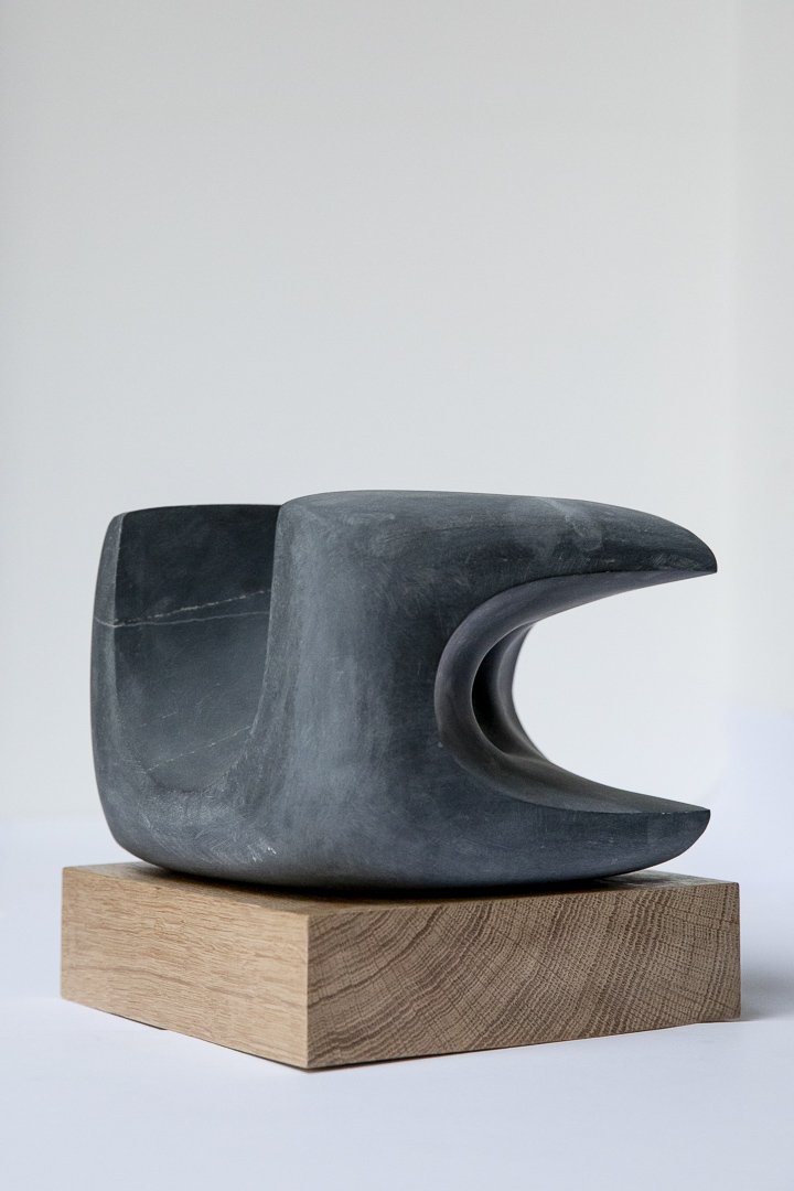 'Interfer', Slate on oak base, 20cm x 18.5cm x 18.5cm inc base, 2024