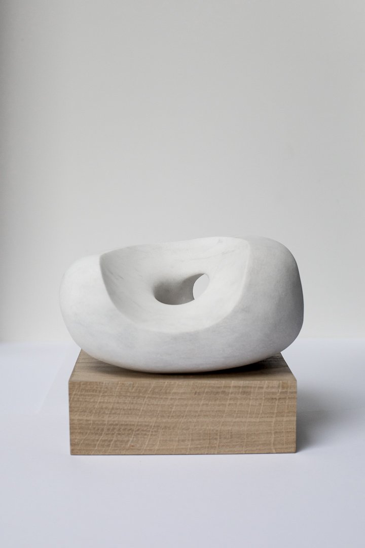 'Synsi', Carrara marble on oak base, 16cm x 19cm x 14cm inc base, 2024