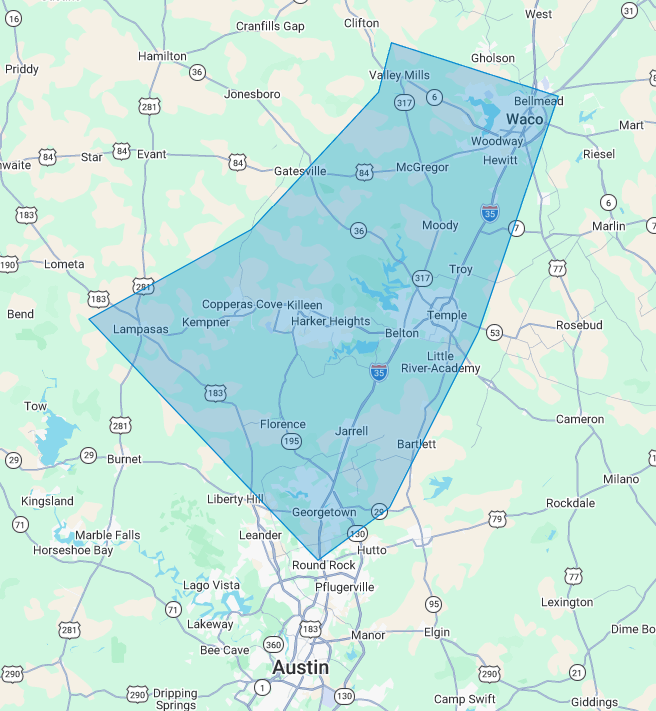 Map showing the Central Texas area including Lampasas, Copperas Cove, Salado, Killeen, Temple, with a highlighted region including cities like Cedar Park, Round Rock, and Georgetown.