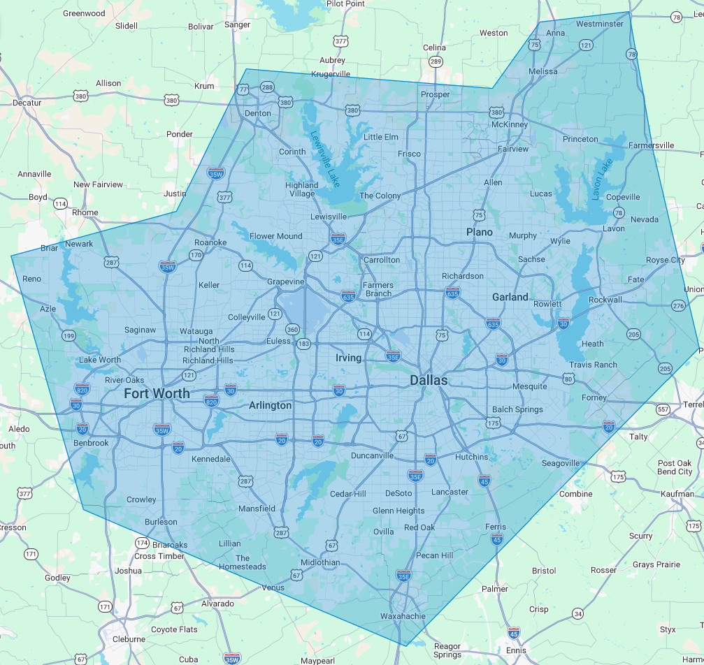 Map of the Dallas-Fort Worth metropolitan area and Plano with boundaries outlined, showing cities and highways.