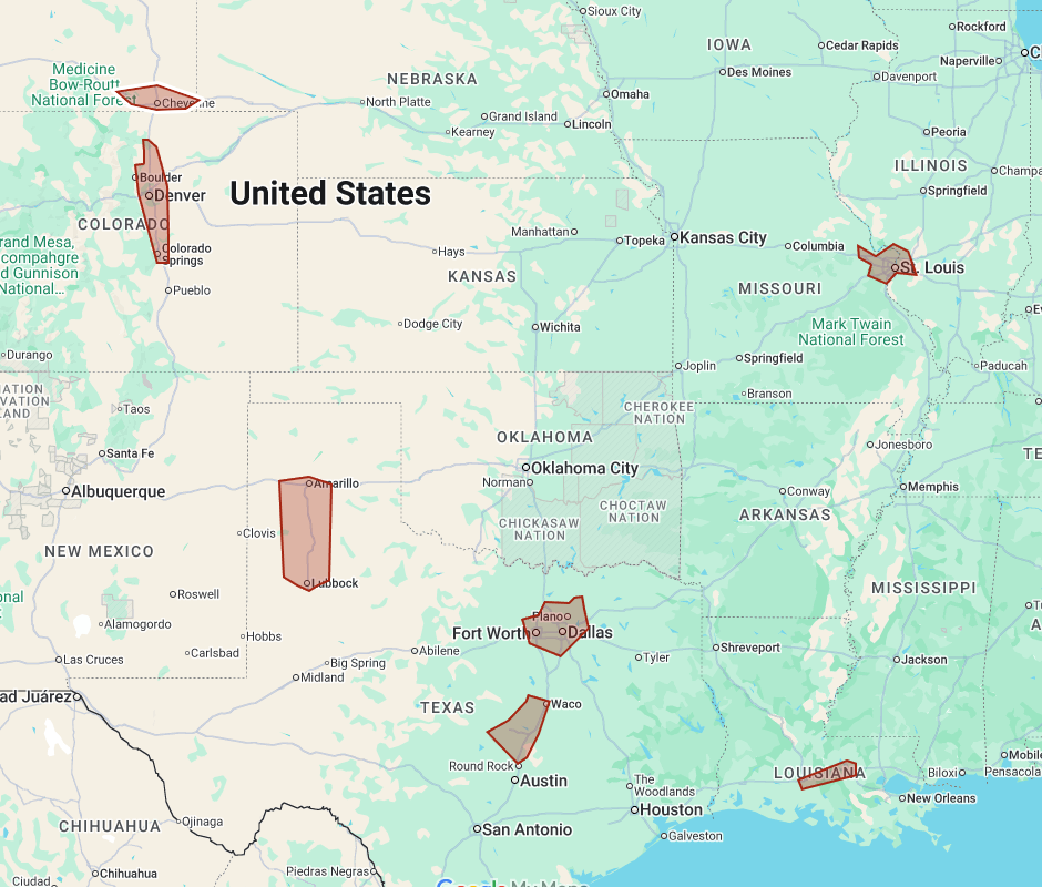 Map of the central United States showing highlighted states including Colorado, Oklahoma, Texas, Louisiana, and Missouri.