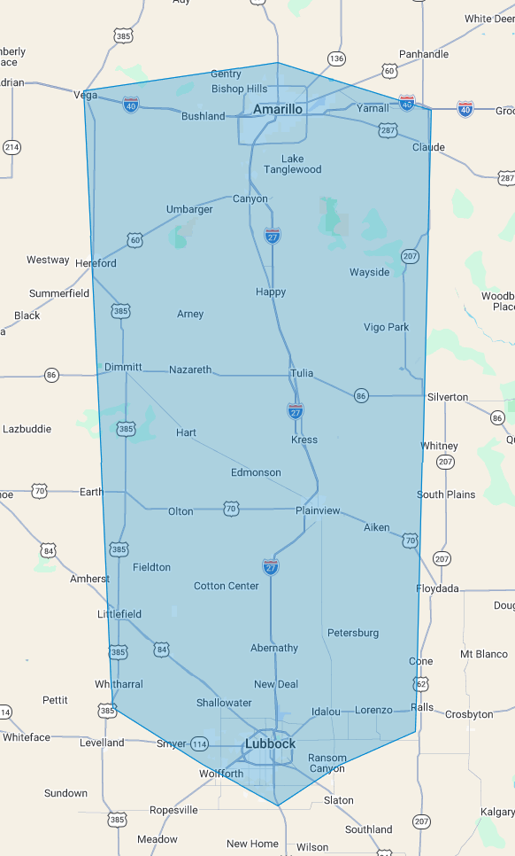 Map showing the city boundaries of Lubbock, Texas, and Amarillo, Texas with major roads and surrounding towns marked.