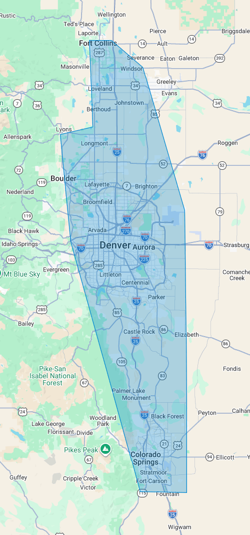Map highlighting the Denver, Colorado area, including Fort Collins in the north and Colorado Springs in the south, with major highways and surrounding cities marked.