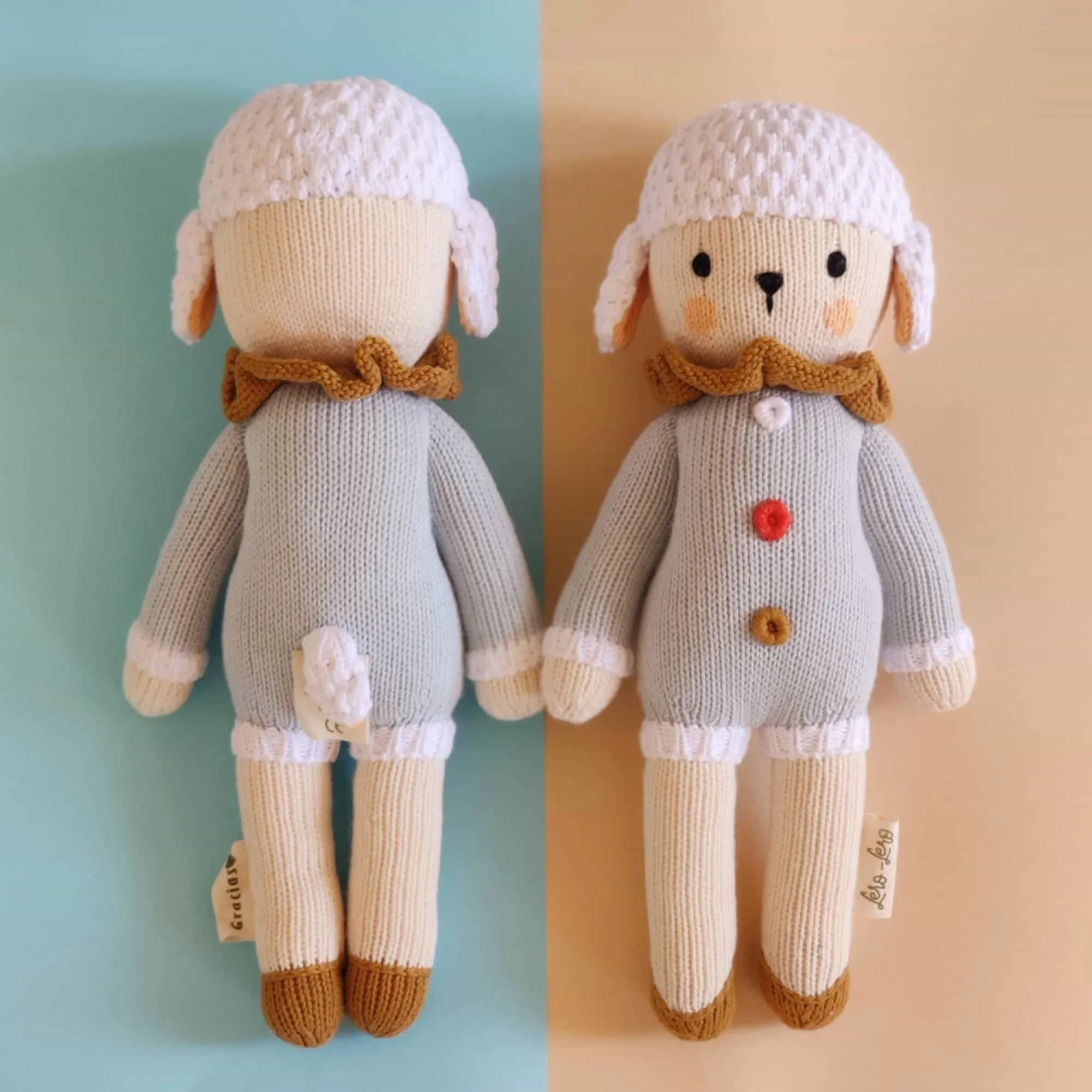 Nino Rainbow, le doudou mouton tricoté en coton bio au Pérou, vue arrière