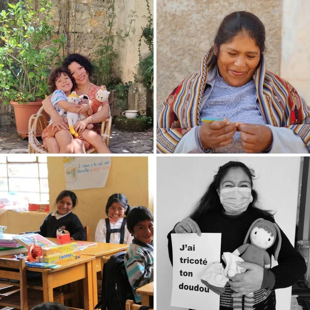 Fondatrice de Lero Lero Réconfort entourée des artisans péruviens partenaires et d’enfants de l’association bénéficiaires, symbolisant un travail éthique, solidaire et dédié au bien-être émotionnel.
