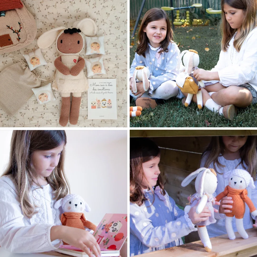 Enfant de 3 à 5 ans jouant avec les peluches d’émotions Lero Lero Réconfort pour apprendre à nommer et apaiser ses sentiments à travers le jeu.