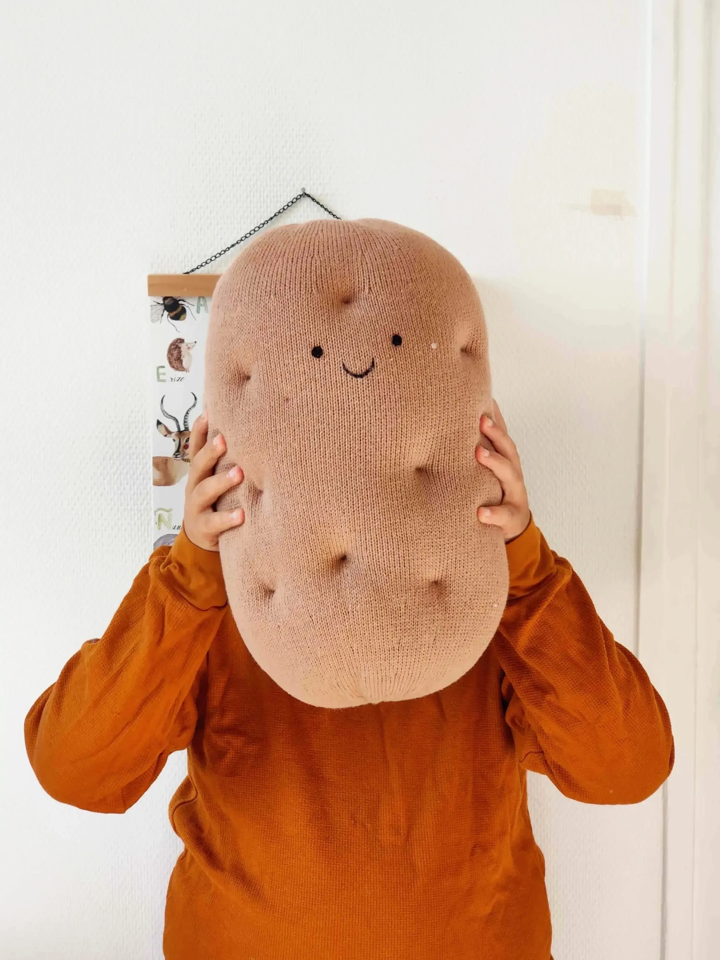Enfant tenant un grand coussin en forme de pomme de terre avec un visage dessiné, tricoté en coton bio et proposé comme cadeau symbolique