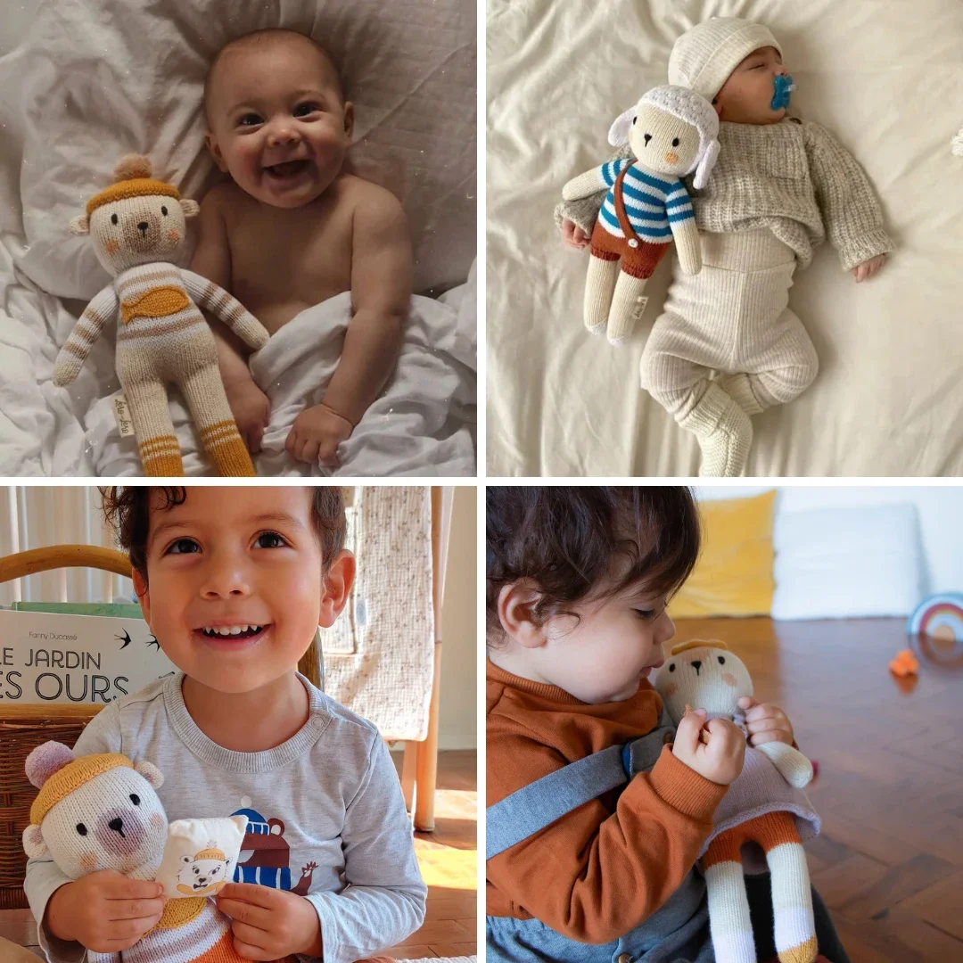 Sélection Lero Lero Réconfort pour bébés de 0 à 3 ans, avec doudous apaisants, bonnets en coton bio et alpaga et accessoires tricotés faits main pour leur confort émotionnel.