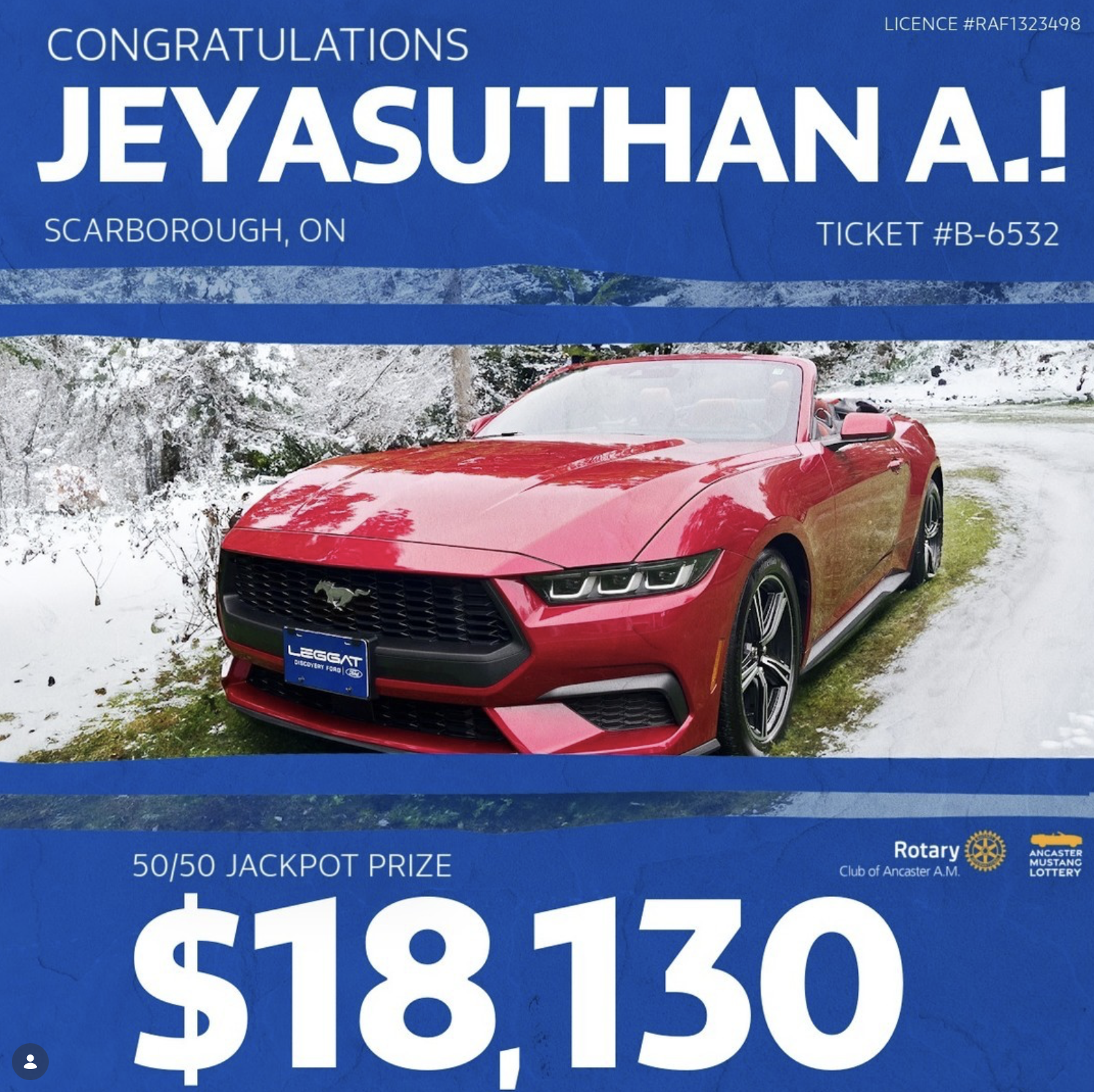 Ancaster Mustang Lottery | Ancaster | Rotary | 50/50 Cash