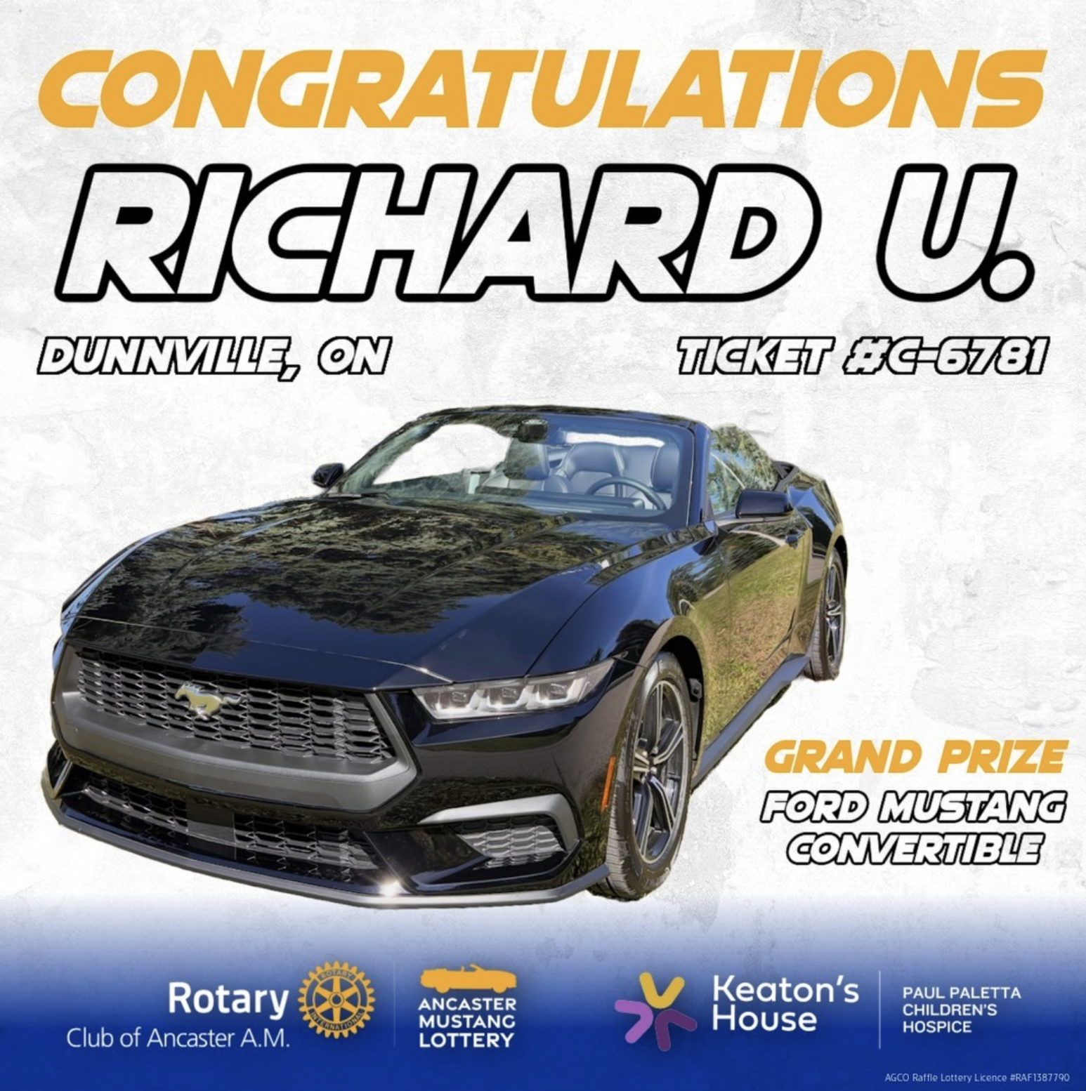 Ancaster Mustang Lottery | Ancaster | Rotary | 50/50 Cash