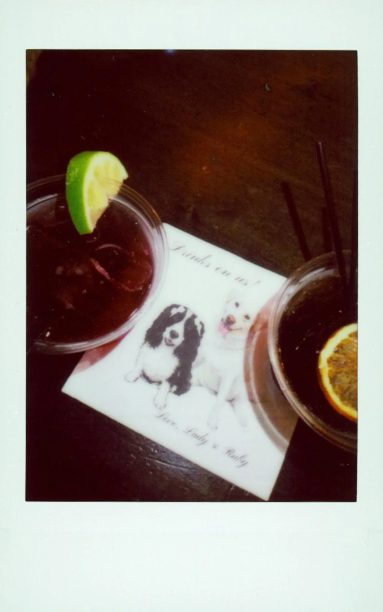 Two drinks with lemon and lime wedges on a dark table, a piece of paper with a dog drawing and text underneath, and a dark wooden menu or tablet in the background.