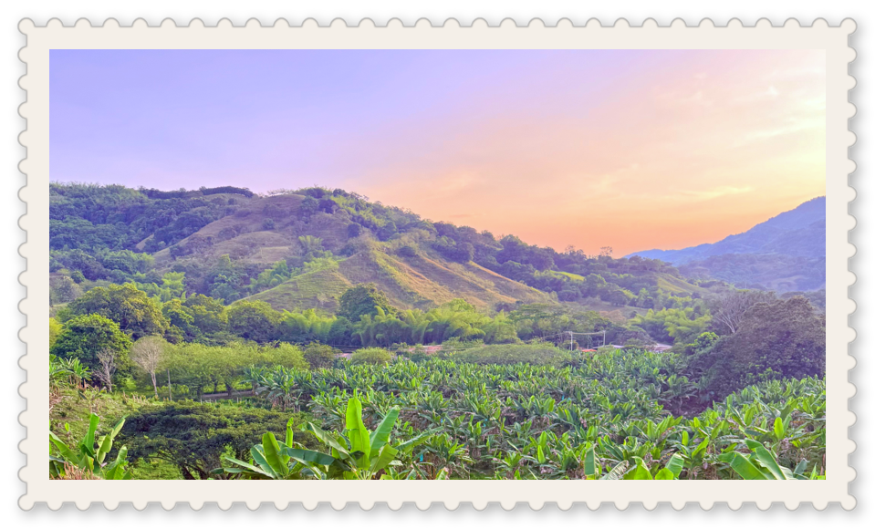 Sunset view from the deck at Casa de los Sueños hacienda near Salento, Colombia