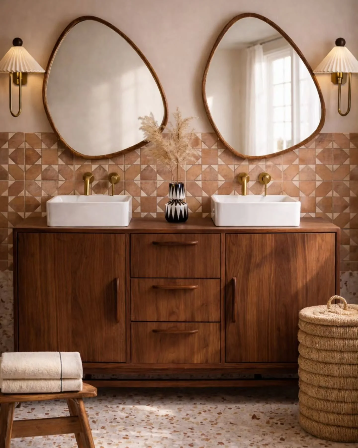 ✨️ Une salle de bain pens&eacute;e comme un lieu de calme.

Un espace qui apaise.
Le bois apporte la profondeur.
Les formes organiques adoucissent.
Les motifs g&eacute;om&eacute;triques fond le charme.

Ici, l&rsquo;&eacute;quilibre se joue dans le d