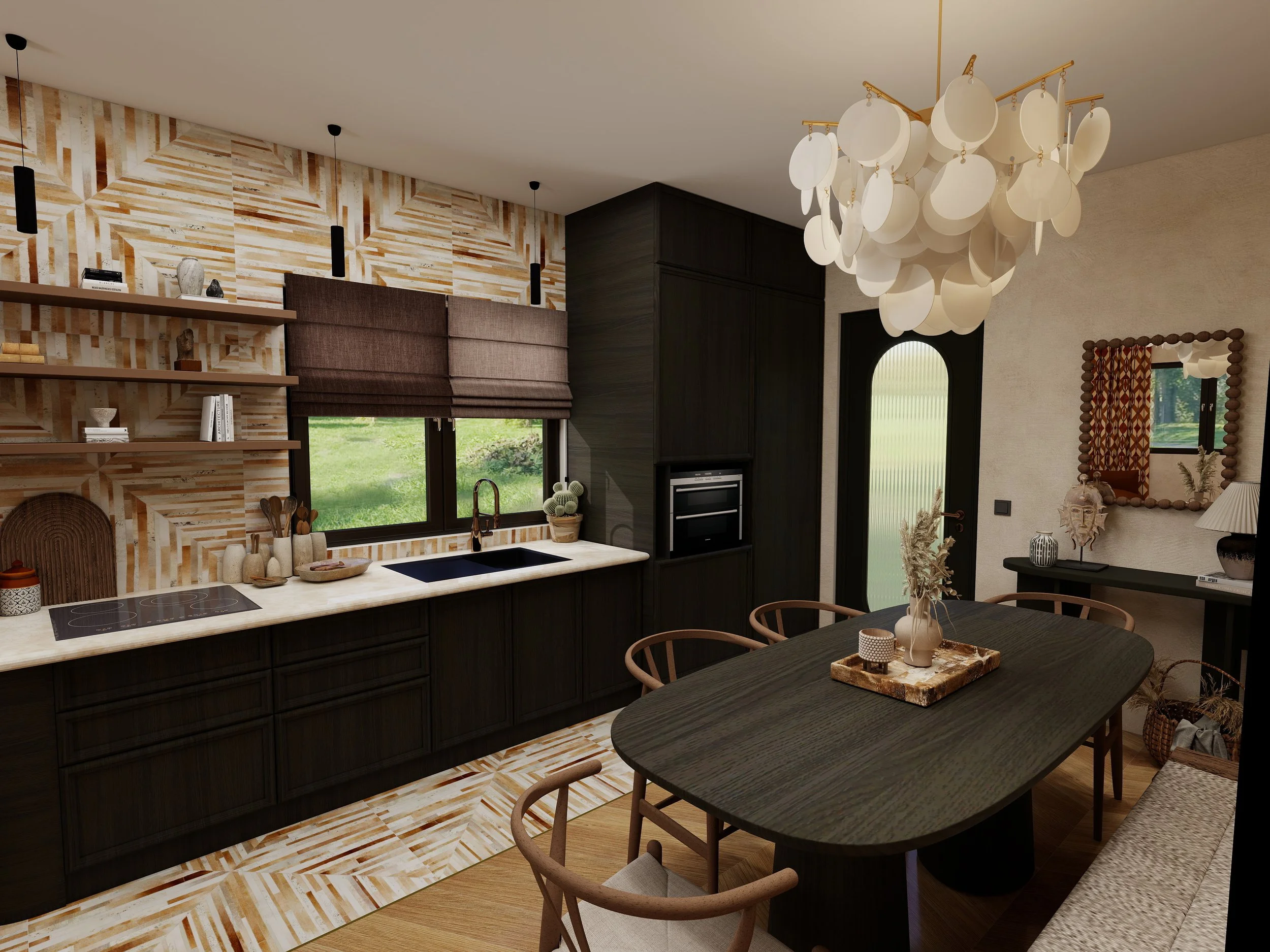 Cuisine ouverte au style ethnique chic avec façades sombres, textures murales et matériaux naturels