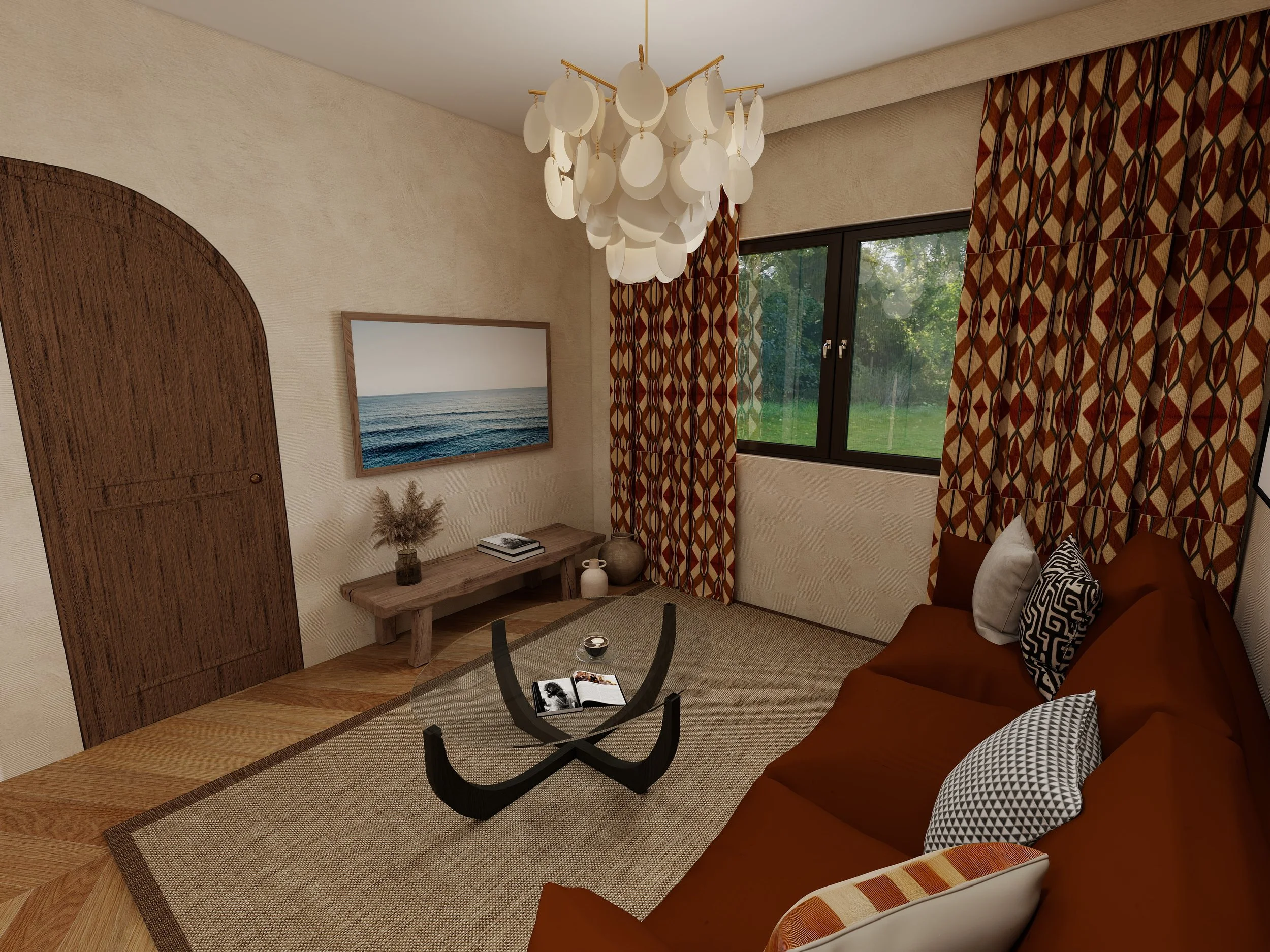 Salon chaleureux aux influences ethniques avec mobilier contemporain et palette naturelle