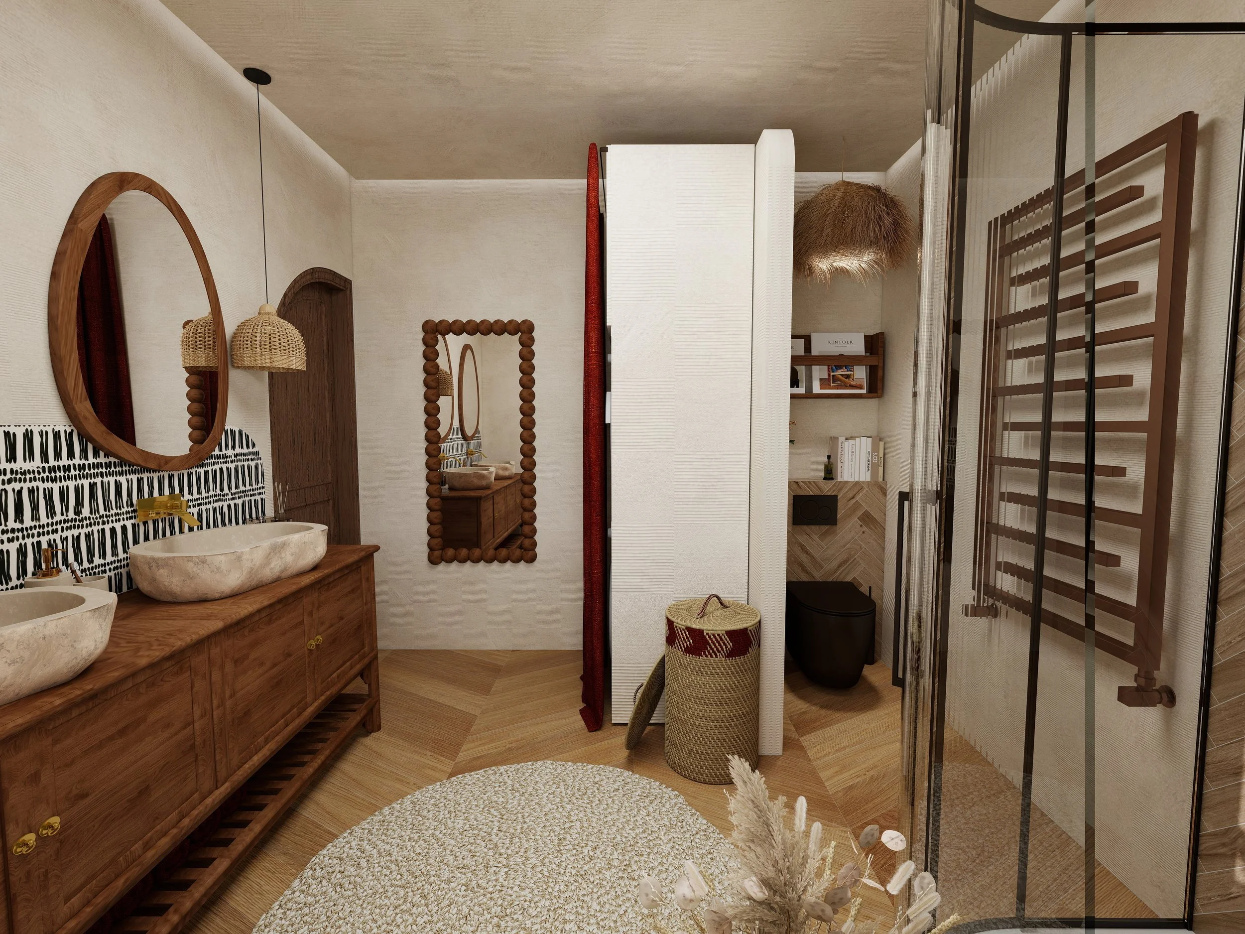 Salle de bain ethnique chic avec matériaux nobles, bois naturel et ambiance chaleureuse