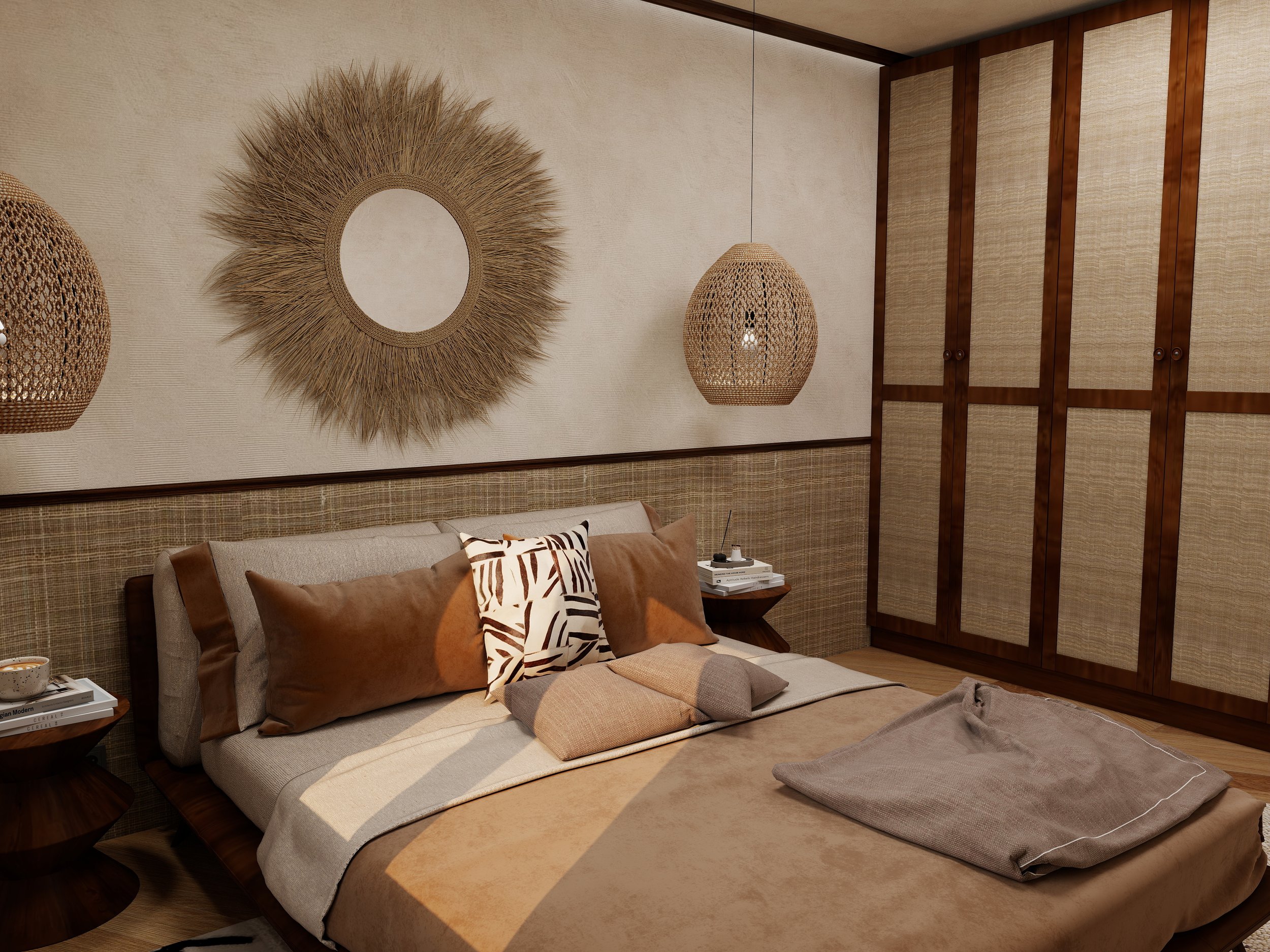 Décoration murale ethnique et matières naturelles dans une chambre élégante