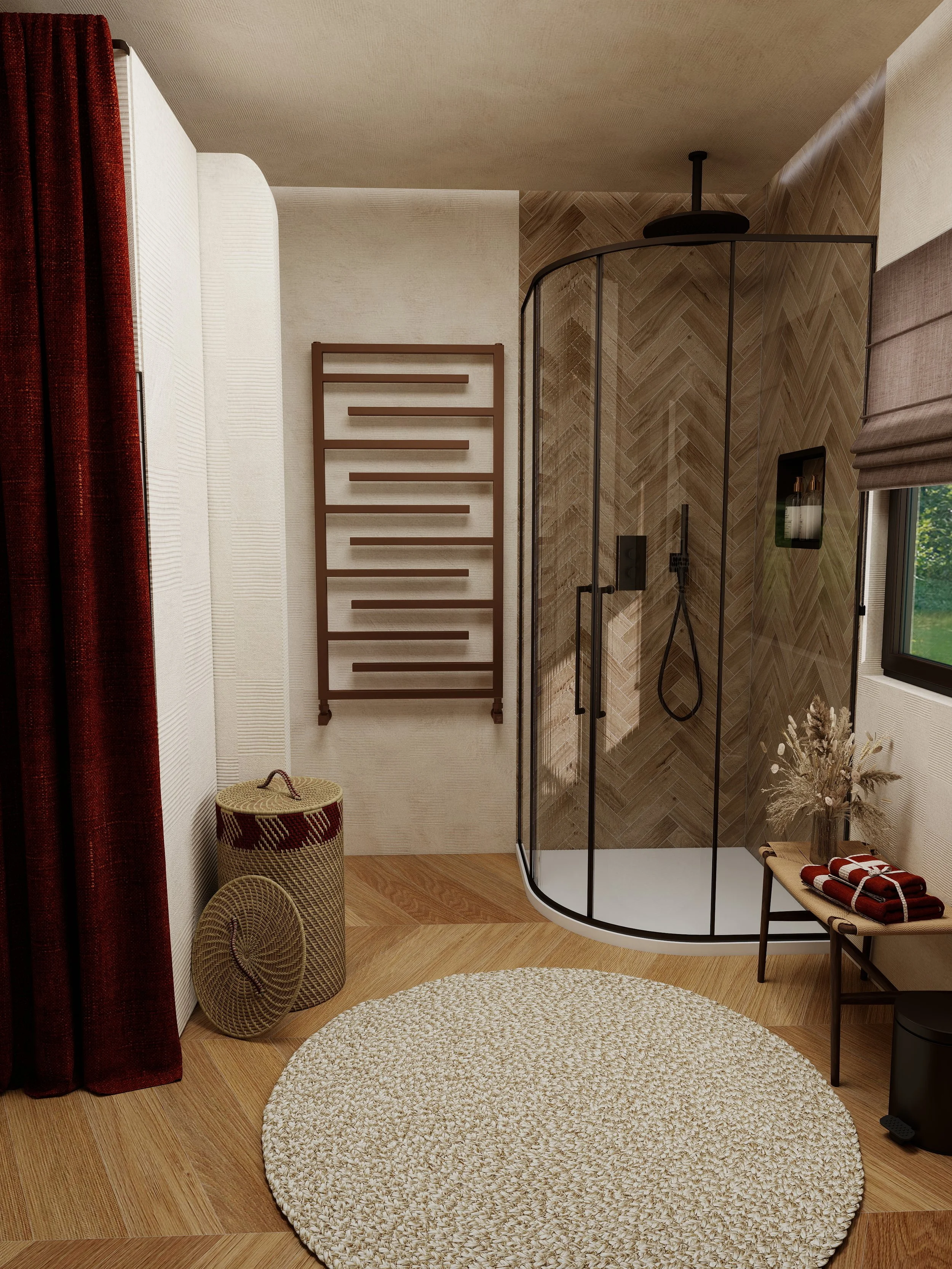 Salle de bain ethnique chic avec matériaux nobles, bois naturel et ambiance chaleureuse