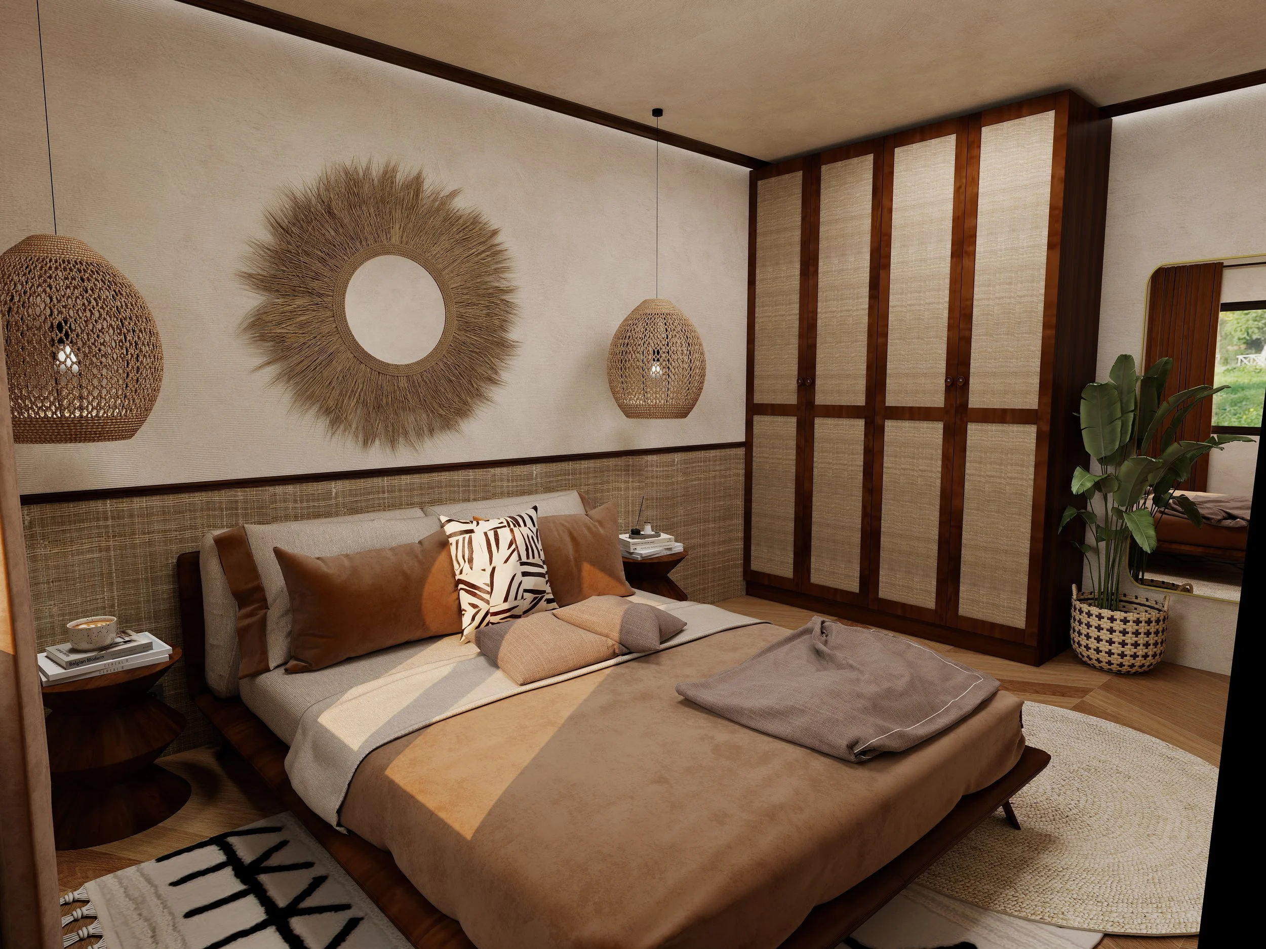 Chambre élégante et apaisante avec matières naturelles et ambiance ethnique raffinée