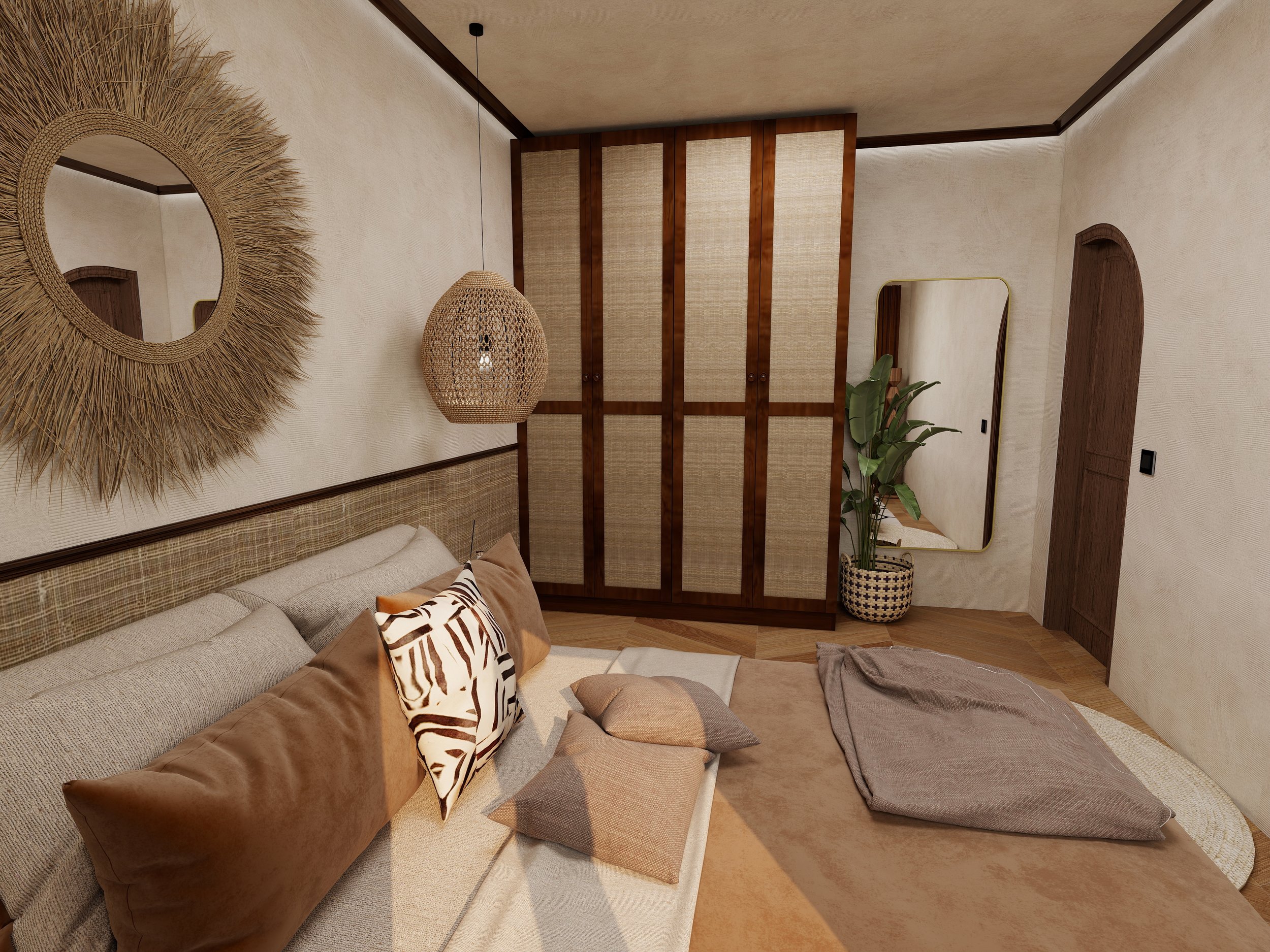 Chambre élégante et apaisante avec matières naturelles et ambiance ethnique raffinée