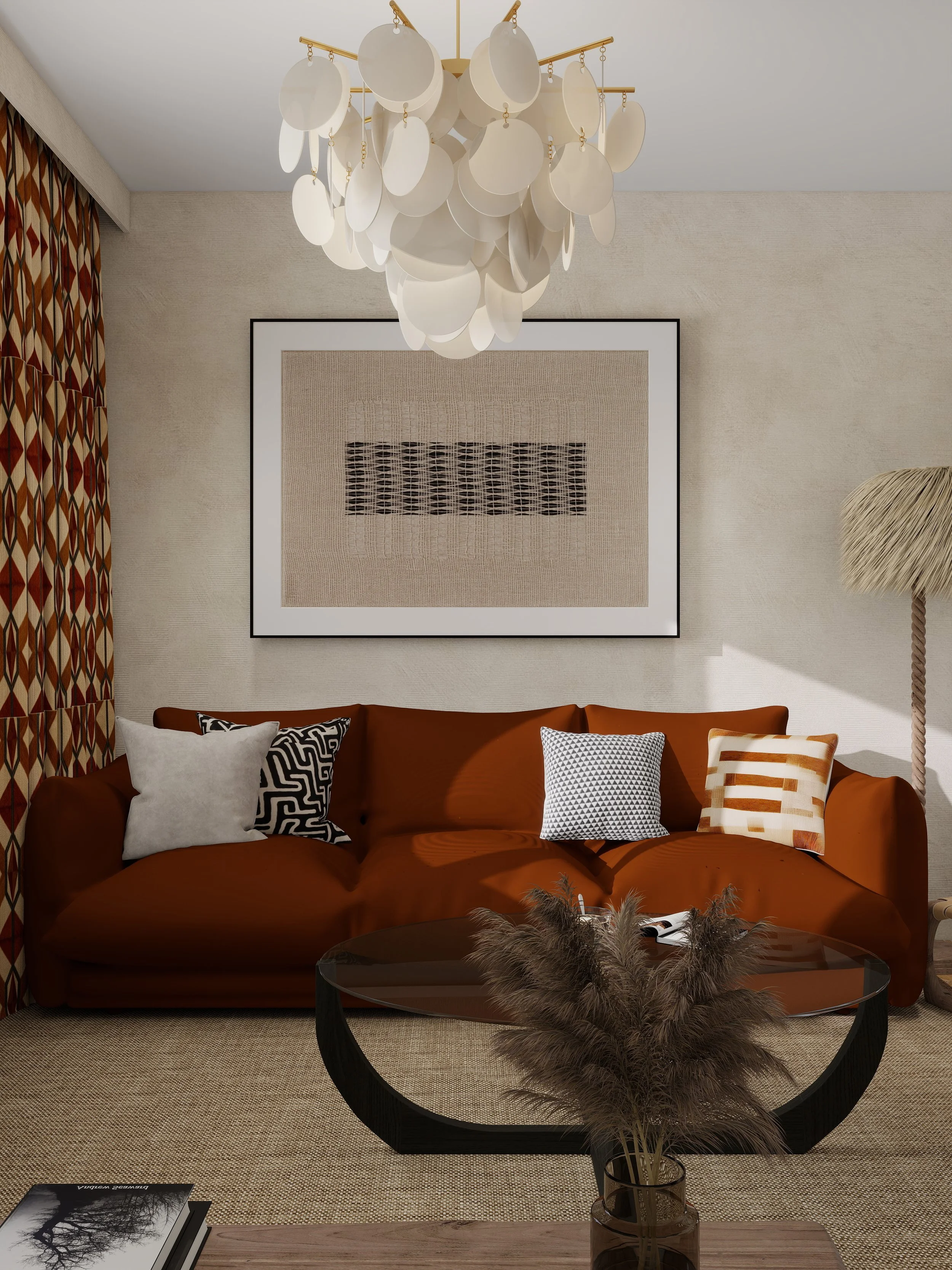 Salon chaleureux aux influences ethniques avec mobilier contemporain et palette naturelle