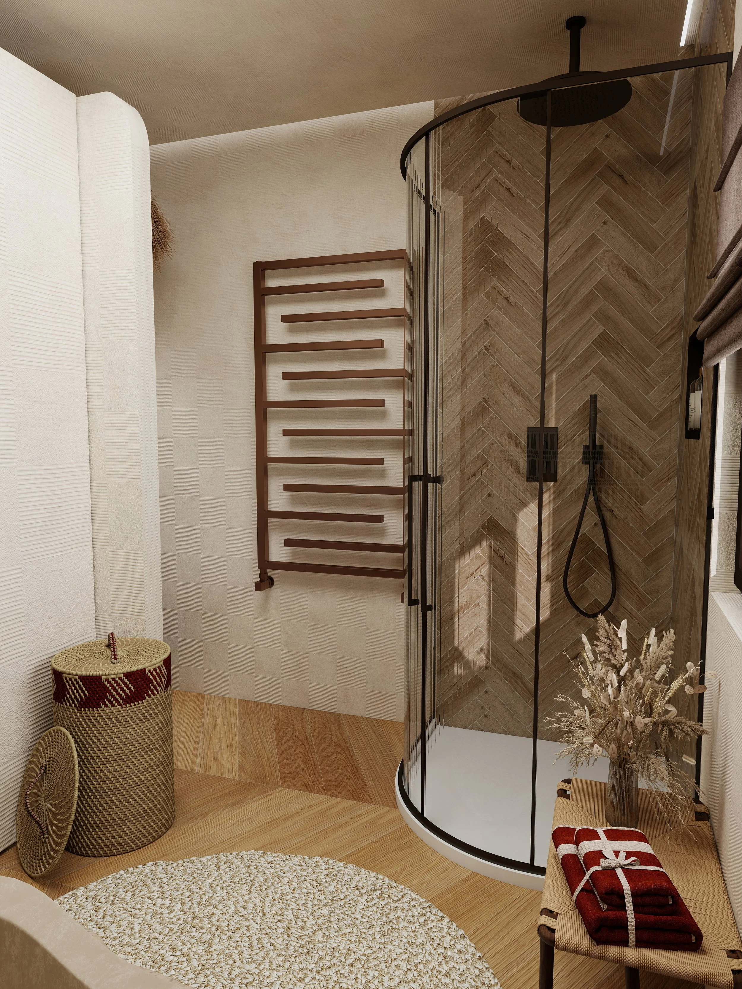 Salle de bain ethnique chic avec matériaux nobles, bois naturel et ambiance chaleureuse