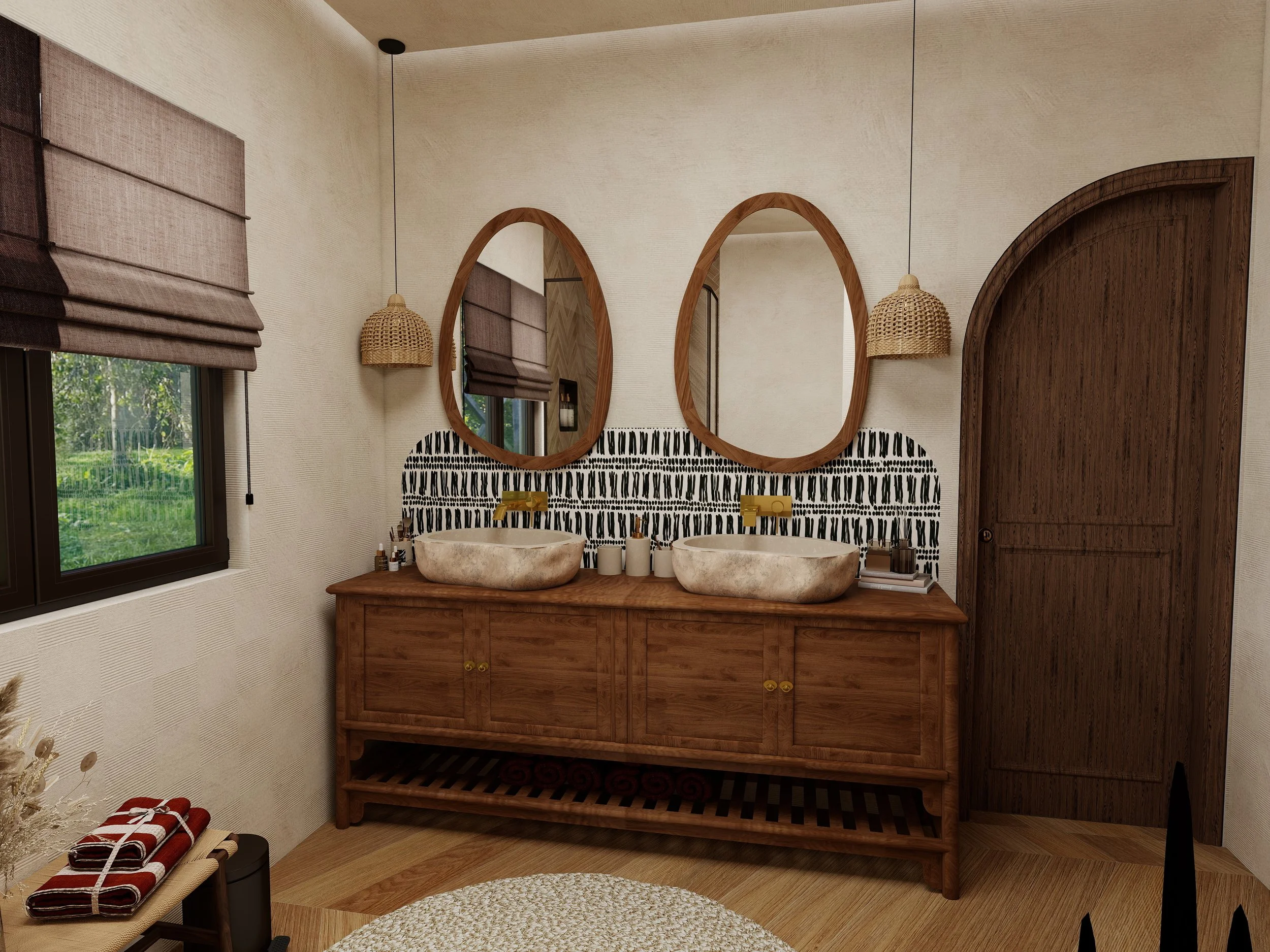 Mobilier de salle de bain en bois naturel avec vasques artisanales et style ethnique élégant