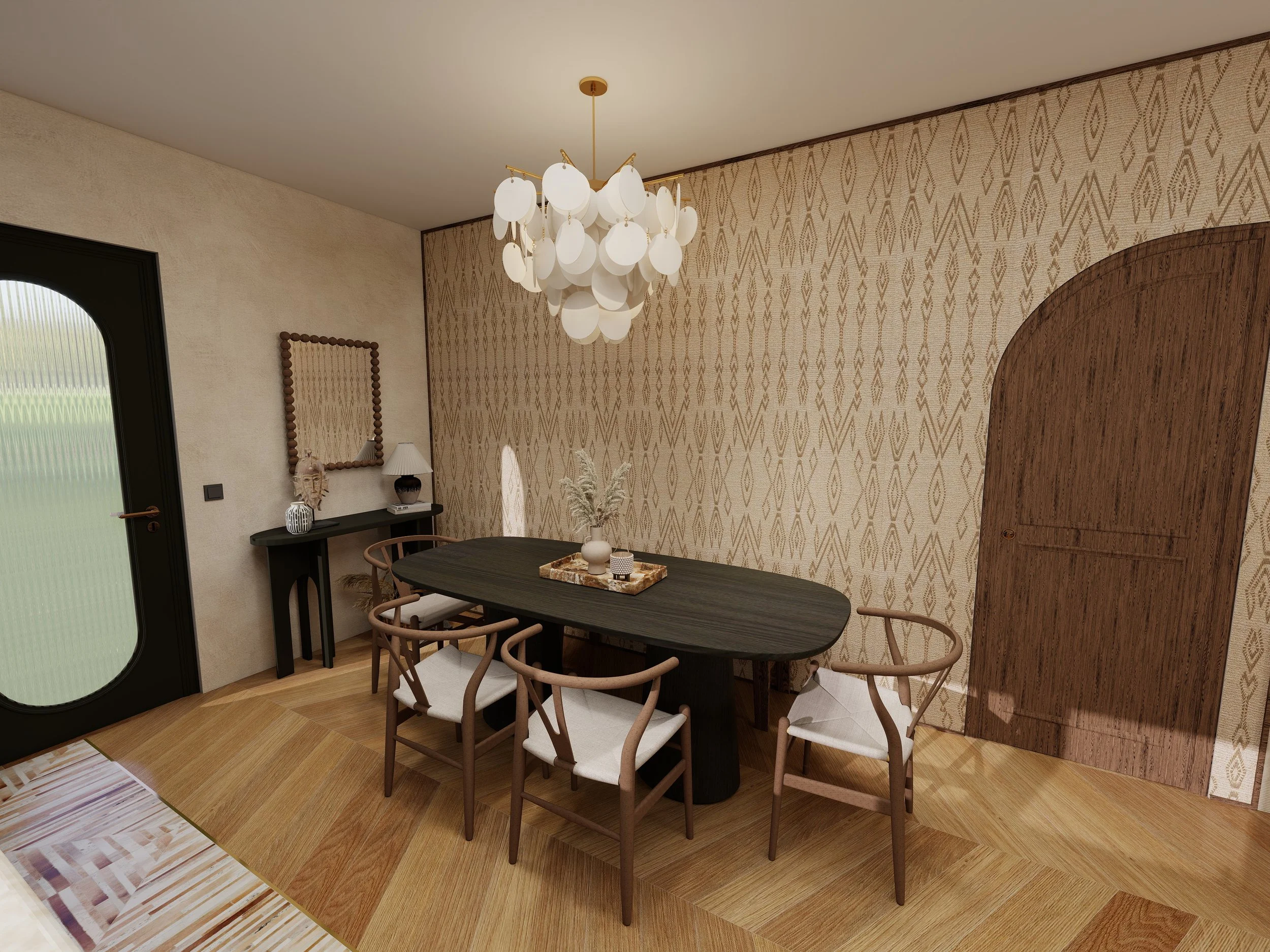 Décoration élégante et ethnique d’une salle à manger avec matières naturelles et tons chaleureux