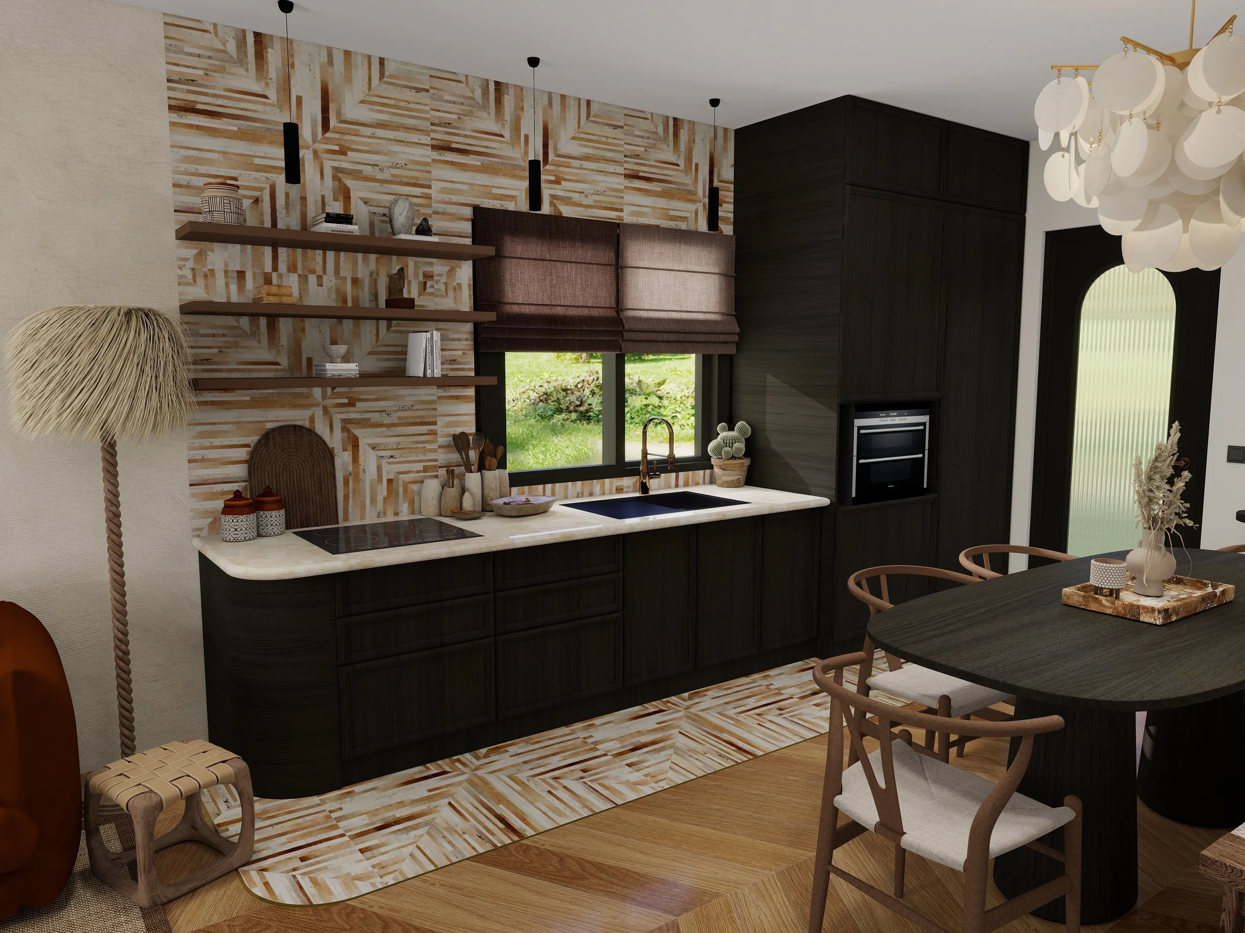 Cuisine ouverte au style ethnique chic avec façades sombres, textures murales et matériaux naturels