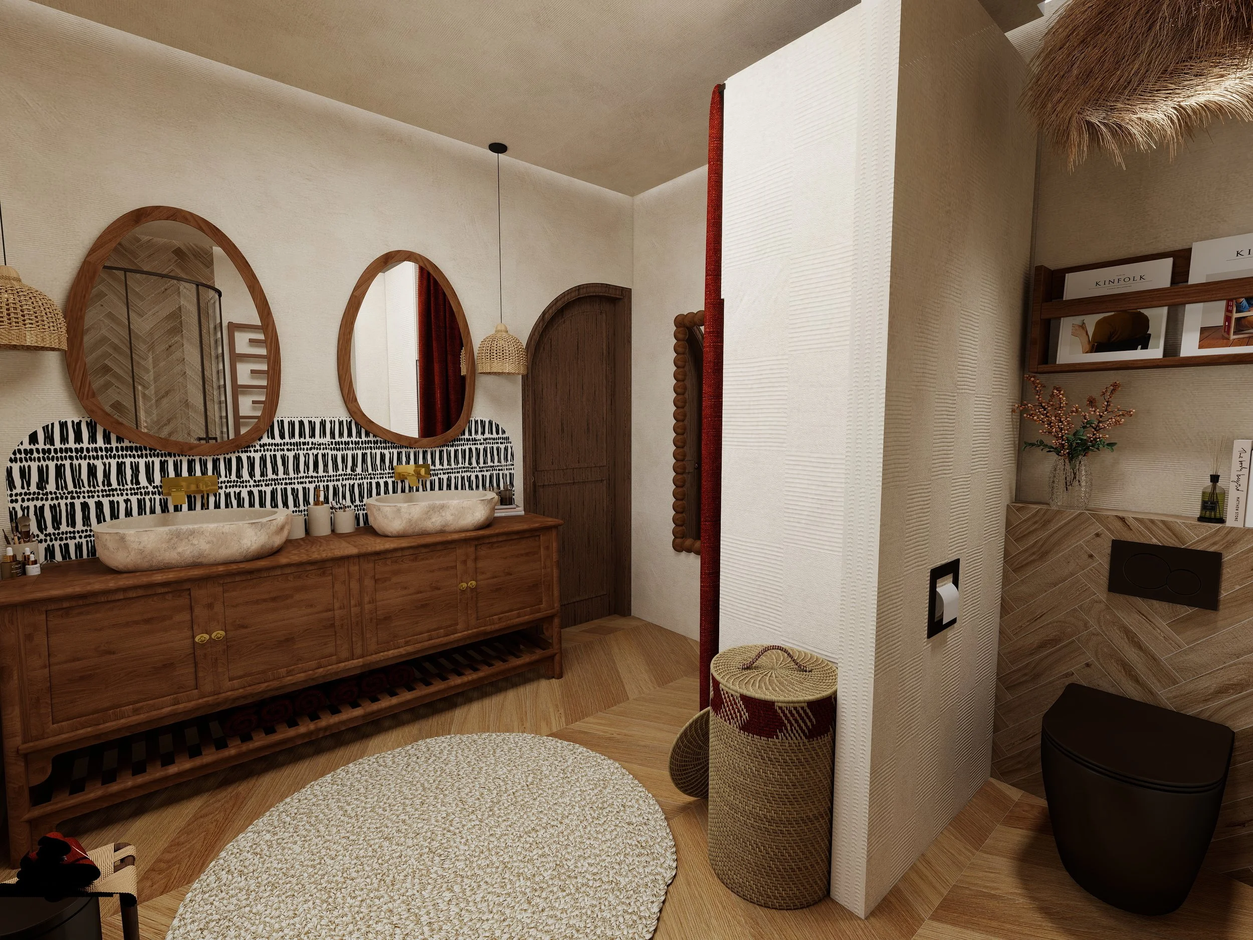 Mobilier de salle de bain en bois naturel avec vasques artisanales et style ethnique élégant