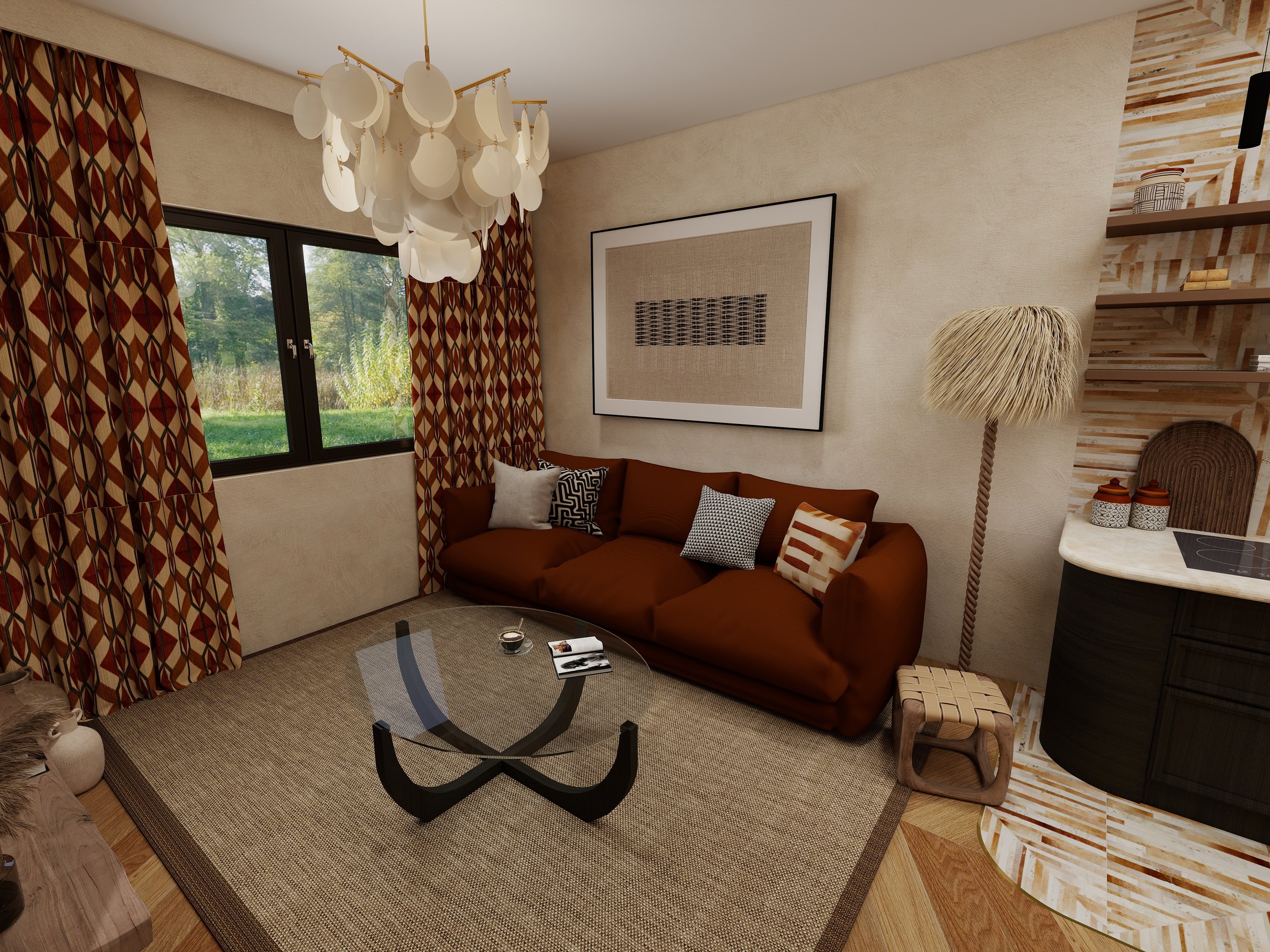 Salon chaleureux aux influences ethniques avec mobilier contemporain et palette naturelle