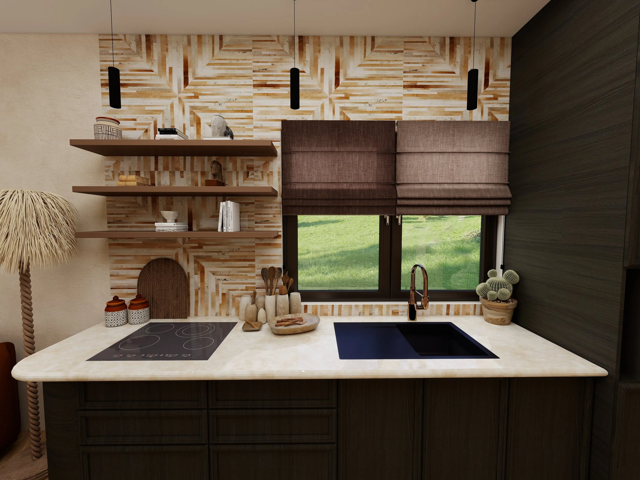 Cuisine ouverte au style ethnique chic avec façades sombres, textures murales et matériaux naturels