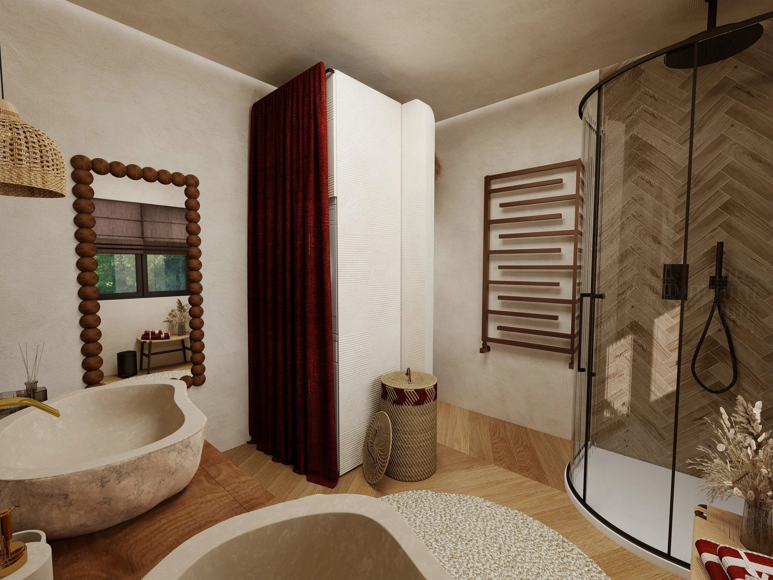 Salle de bain ethnique chic avec matériaux nobles, bois naturel et ambiance chaleureuse