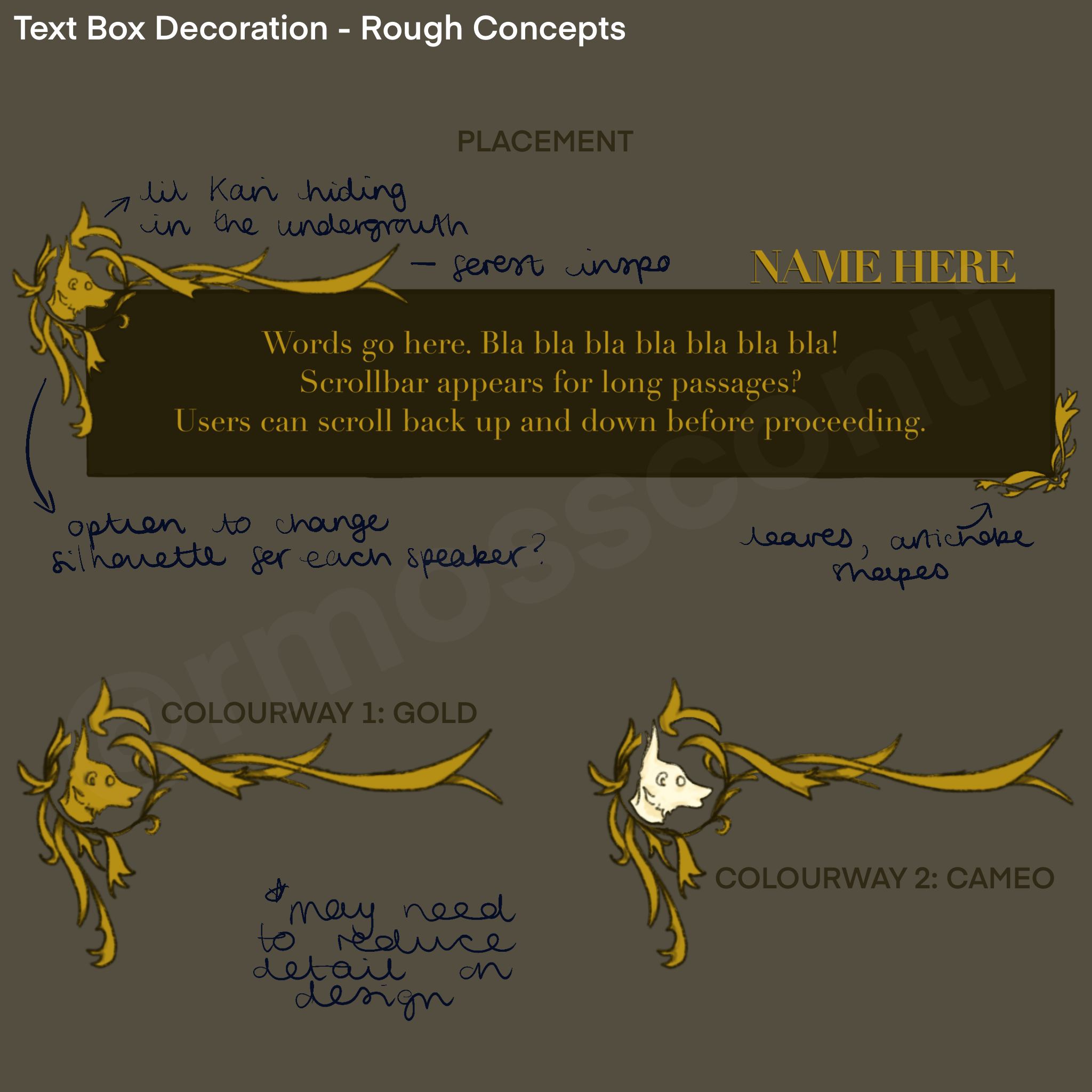 First concepts for text box decoration, and the first iteration of the ivory bust character marker concept.