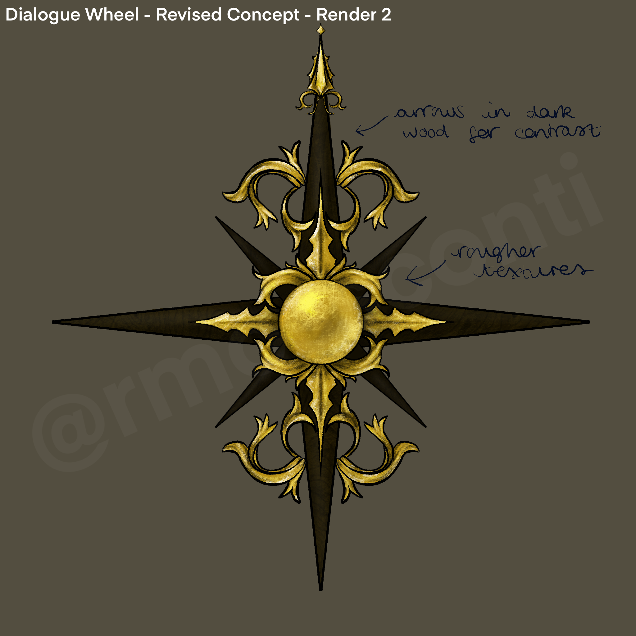 A revised render of the dialogue wheel before the final product was developed, with softer/invisible outlines.