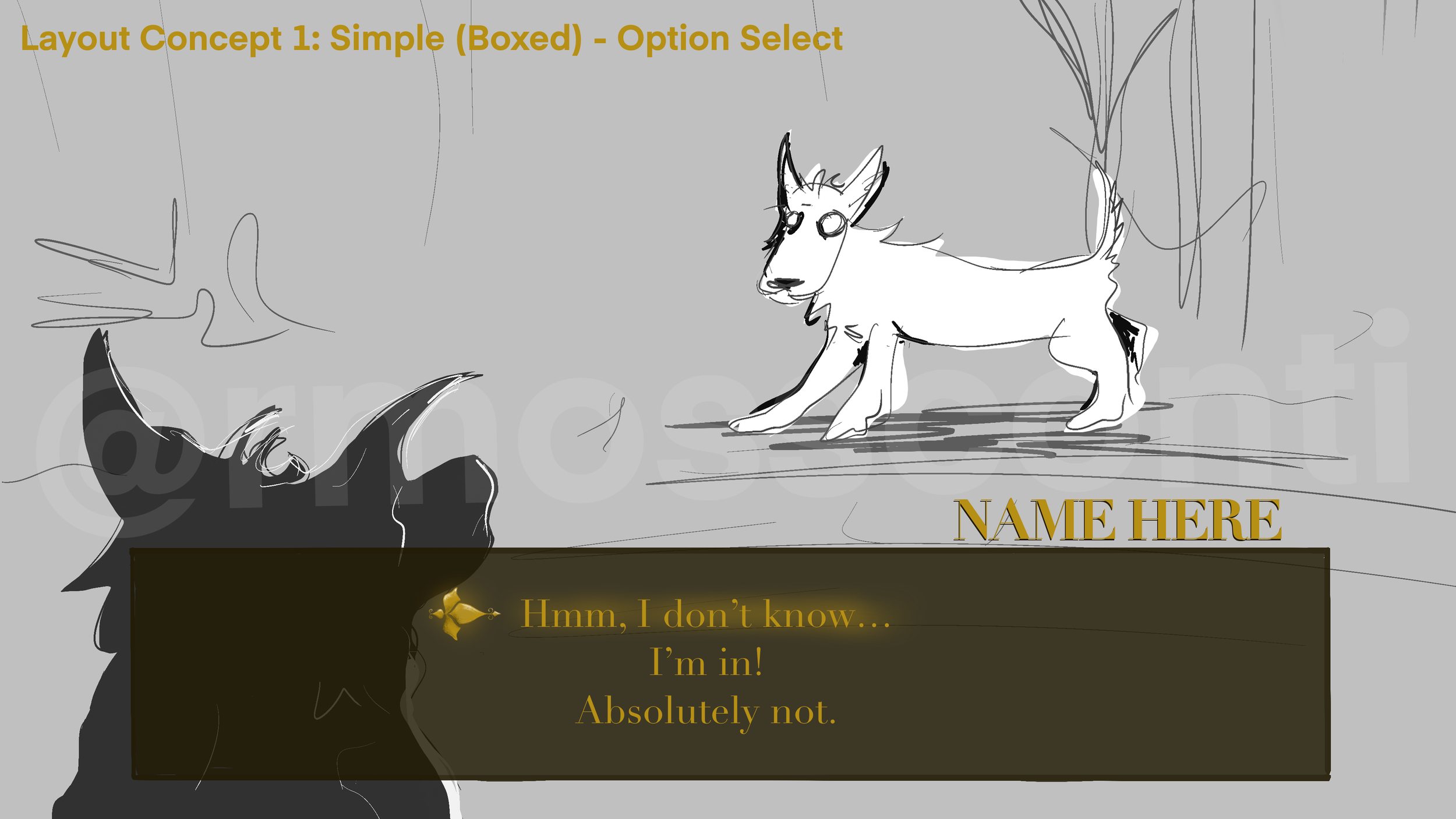Early concept for a dialogue selection screen.
