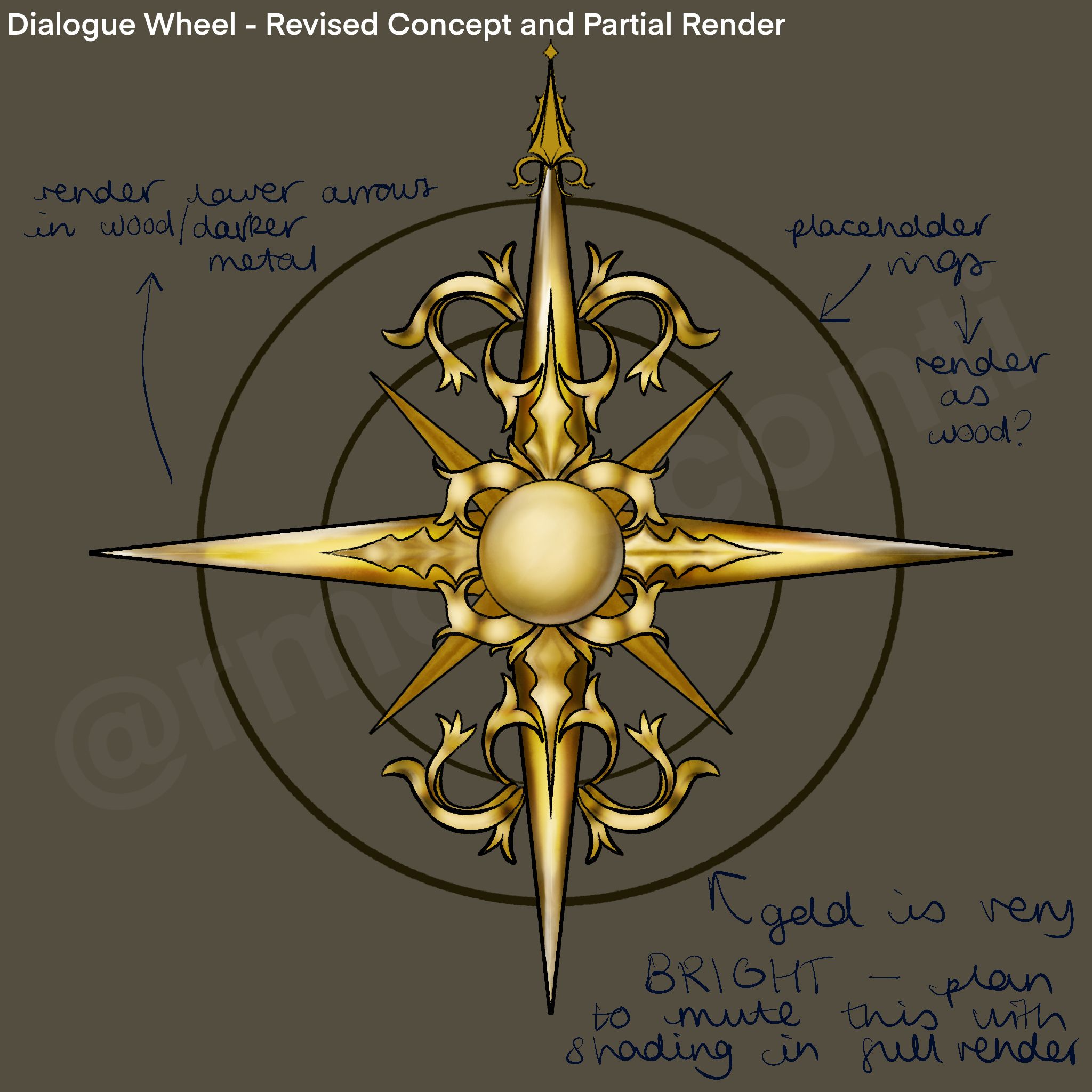 A first render of the improved dialogue wheel, initially rendered completely in gold. This was then changed for readability.