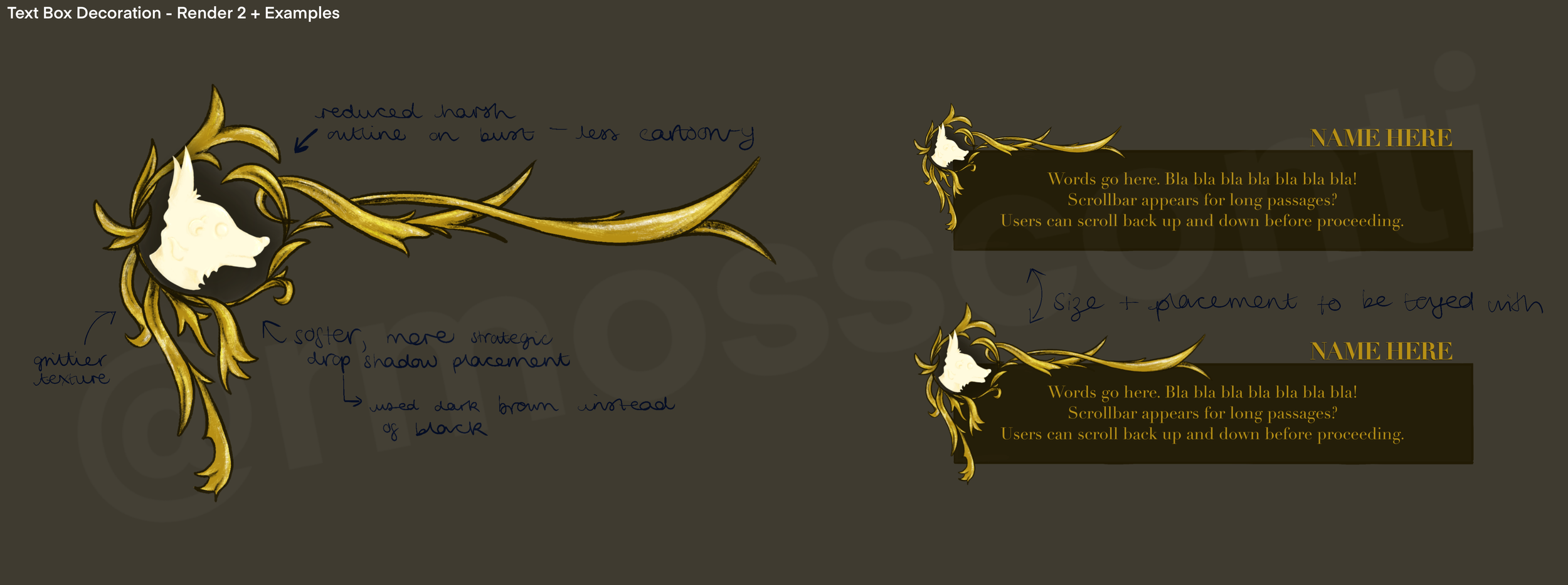 An earlier render of some of the text box decoration.
