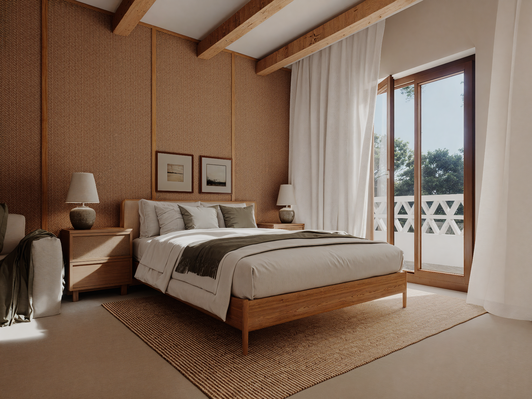 Quarto de hospitality design na Comporta com paleta areia, linho natural e atmosfera de descanso