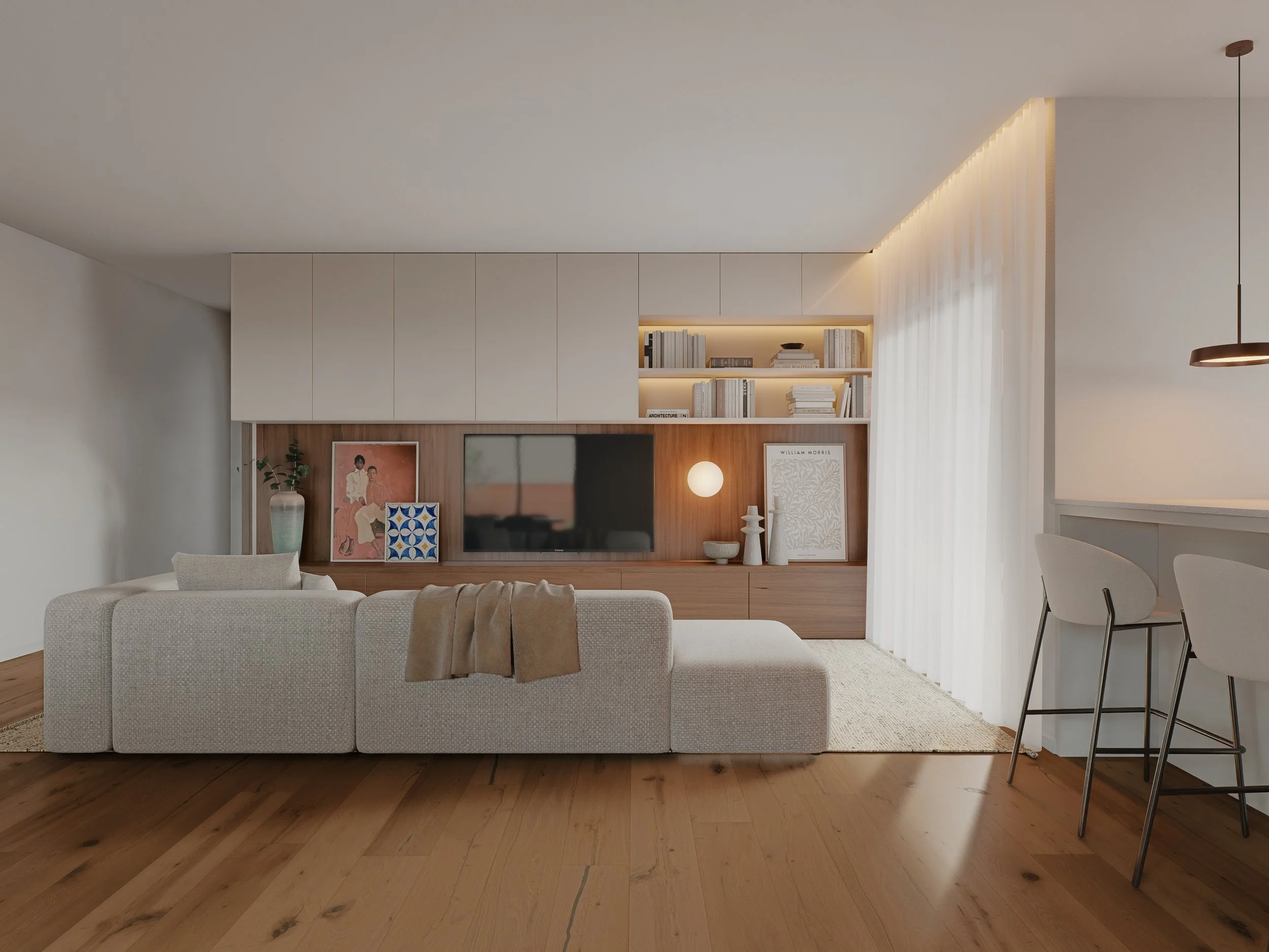 Sala contemporânea para moradia no campo com conceito open space, iluminação natural e design orientado para conforto familiar.
