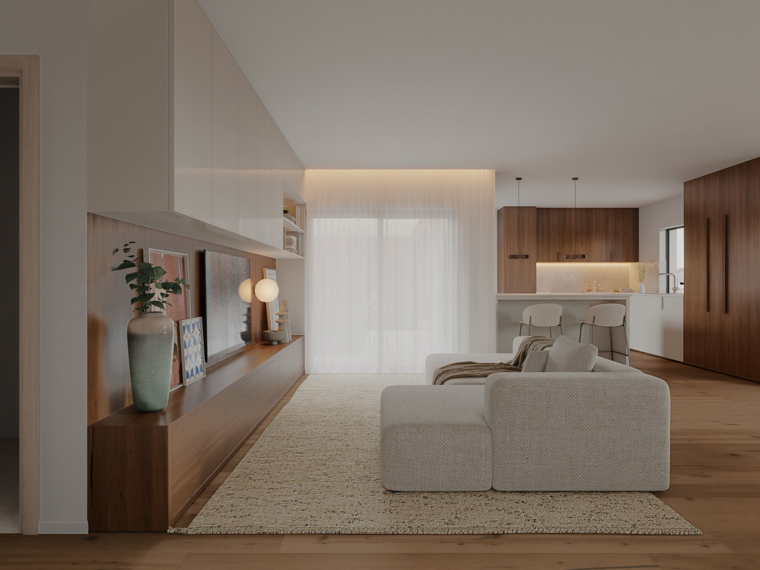 sala moderna confortável funcional para familia open space decor neutro