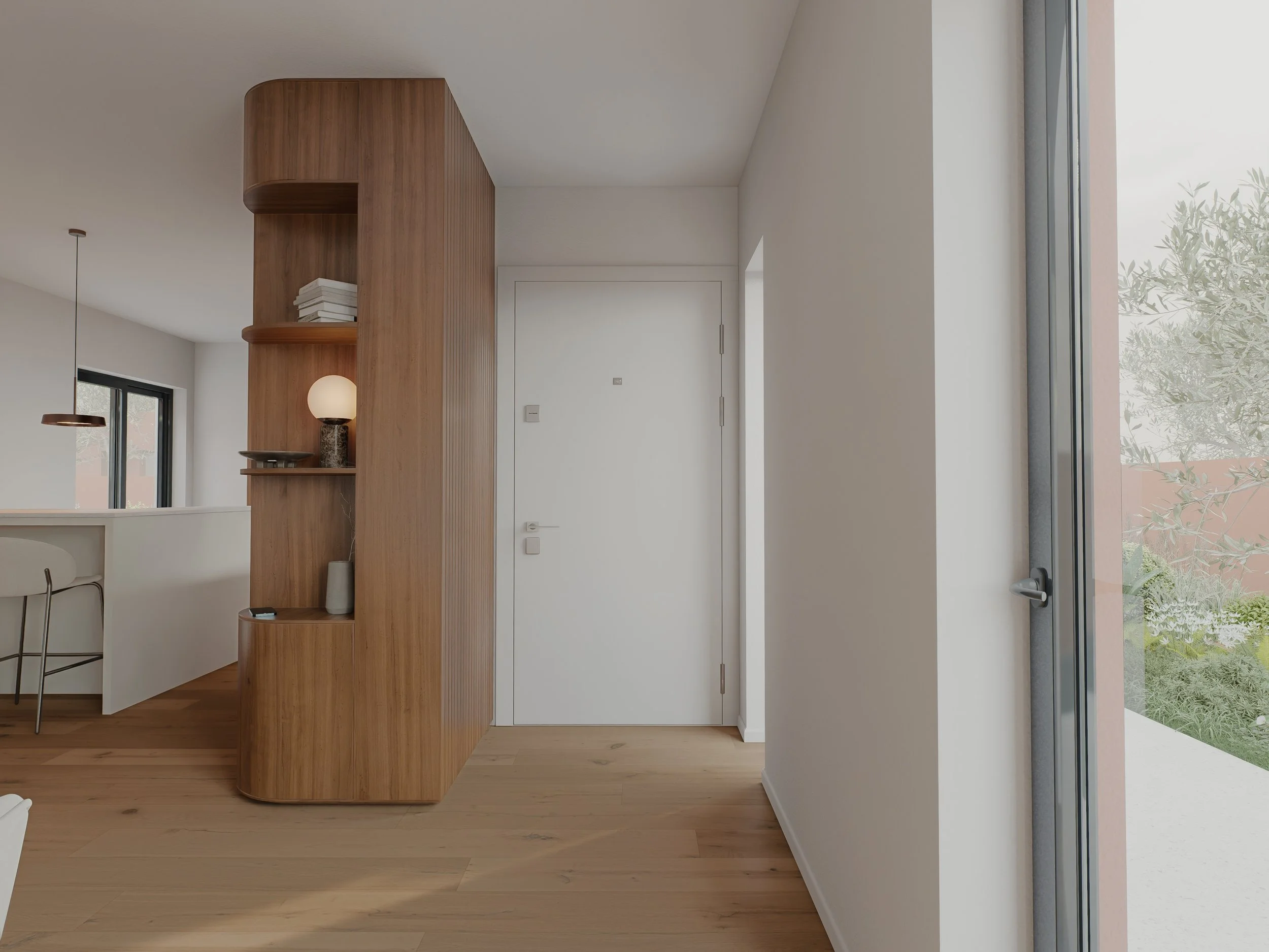 Hall de entrada contemporâneo com design acolhedor, iluminação natural e transição harmoniosa entre exterior e interior.