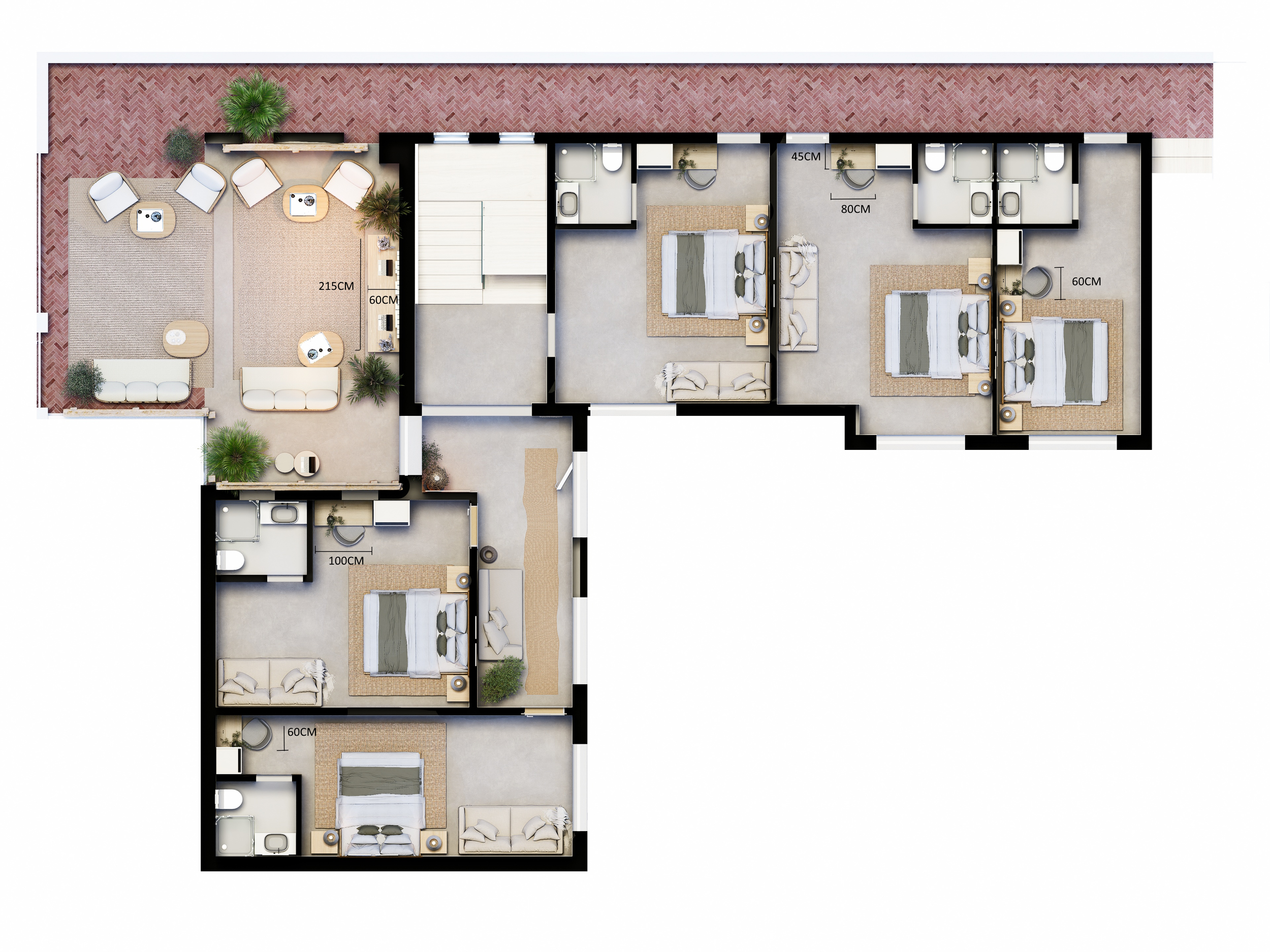 Vista geral de projeto de interiores e exteriores para guest house exclusiva na Comporta
