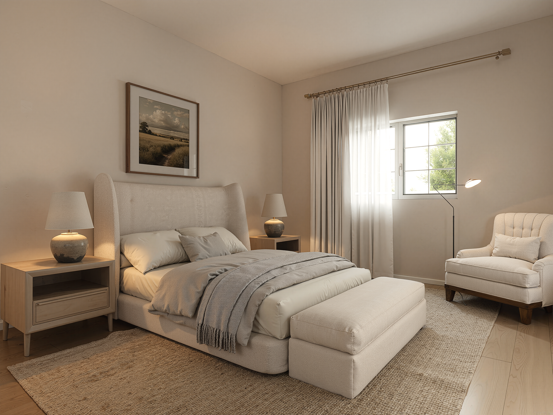 Suíte em paleta de brancos quentes com linhos e madeiras naturais — design de interiores residencial