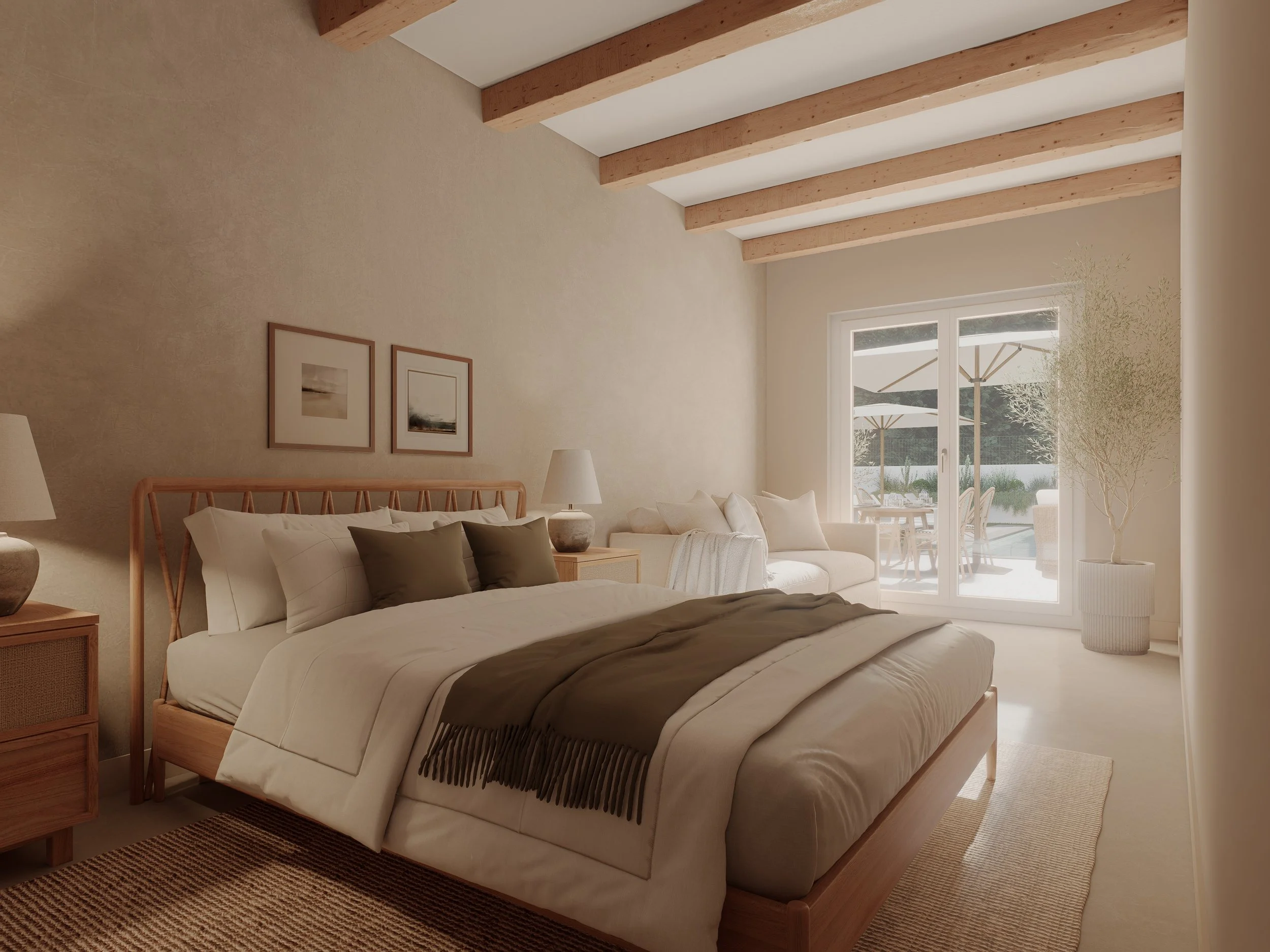 Suite de guest house luxury na Comporta com ambiente minimalista, texturas orgânicas e luz natural