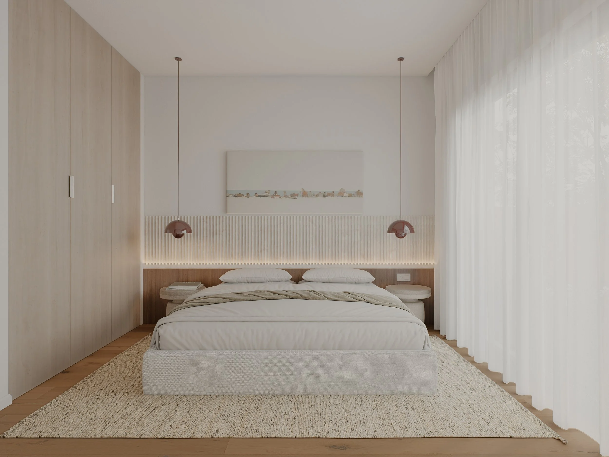 Quarto moderno com design sereno, iluminação equilibrada e soluções de armazenamento integradas para maior conforto diário.