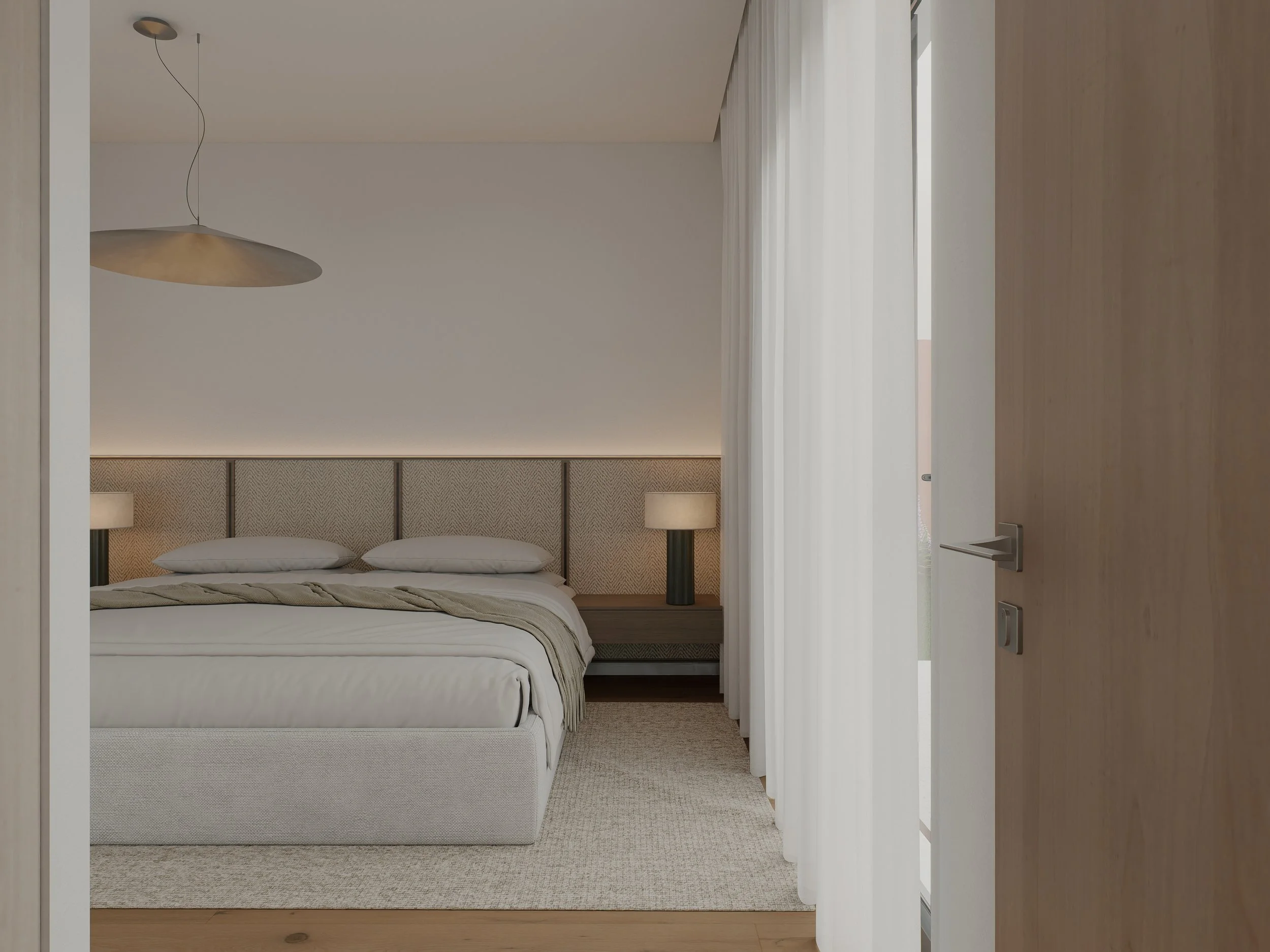 Suite contemporânea para moradia de luxo discreto, com atmosfera tranquila, materiais naturais e design focado no bem-estar.